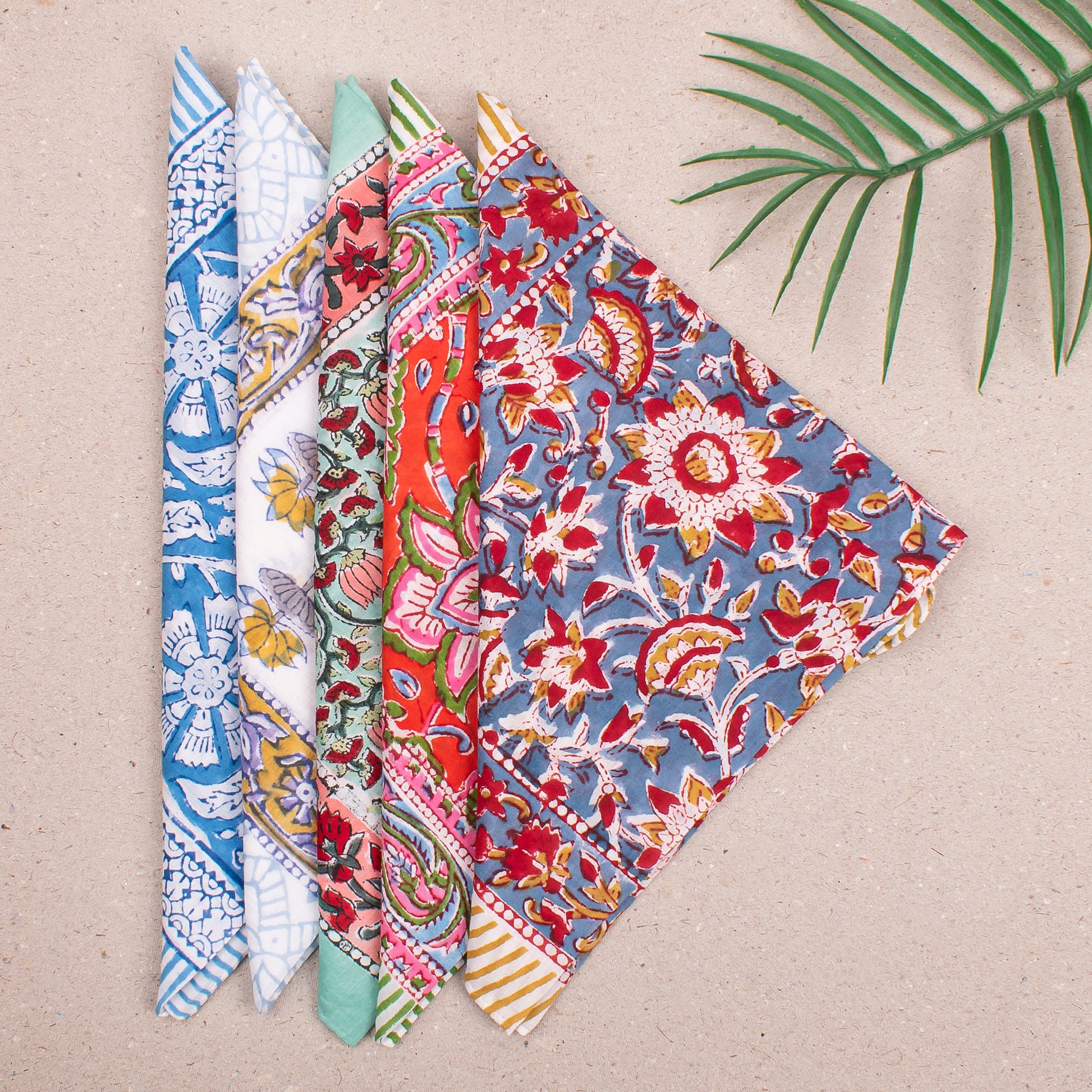 Block Print Bandana Headwrap For Women, Lightweight Cotton Scarf, Reusable Neck Tie, Handmade Face Wrap For Bohemian Style - 5pcs
