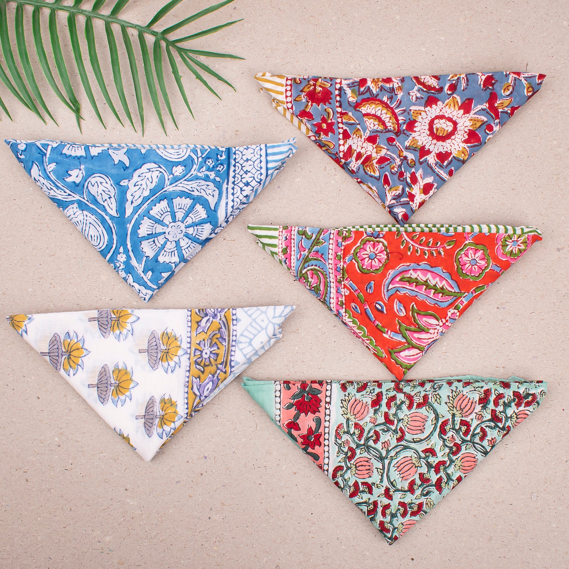 Block Print Bandana Headwrap For Women, Lightweight Cotton Scarf, Reusable Neck Tie, Handmade Face Wrap For Bohemian Style - 5pcs