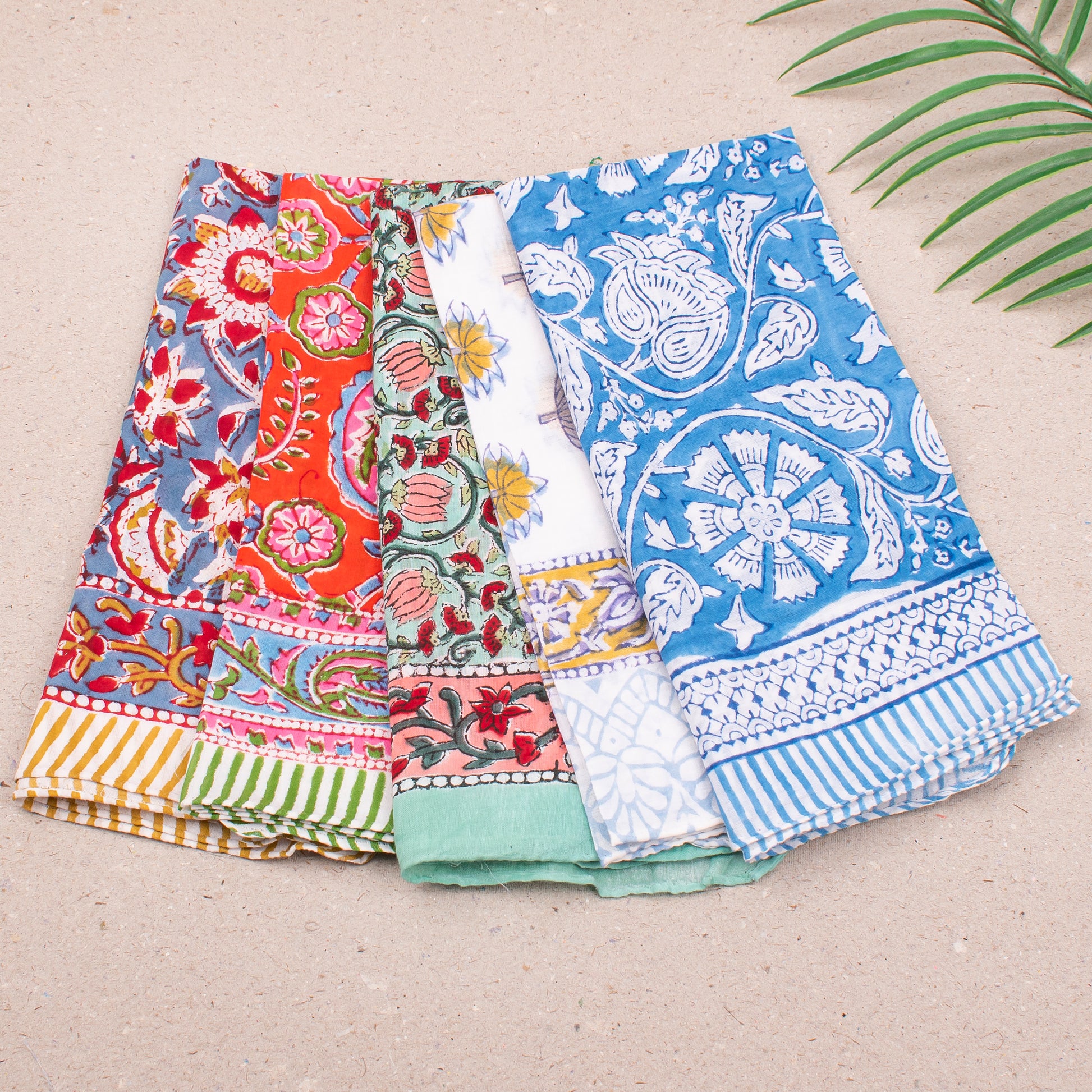 Block Print Bandana Headwrap For Women, Lightweight Cotton Scarf, Reusable Neck Tie, Handmade Face Wrap For Bohemian Style - 5pcs