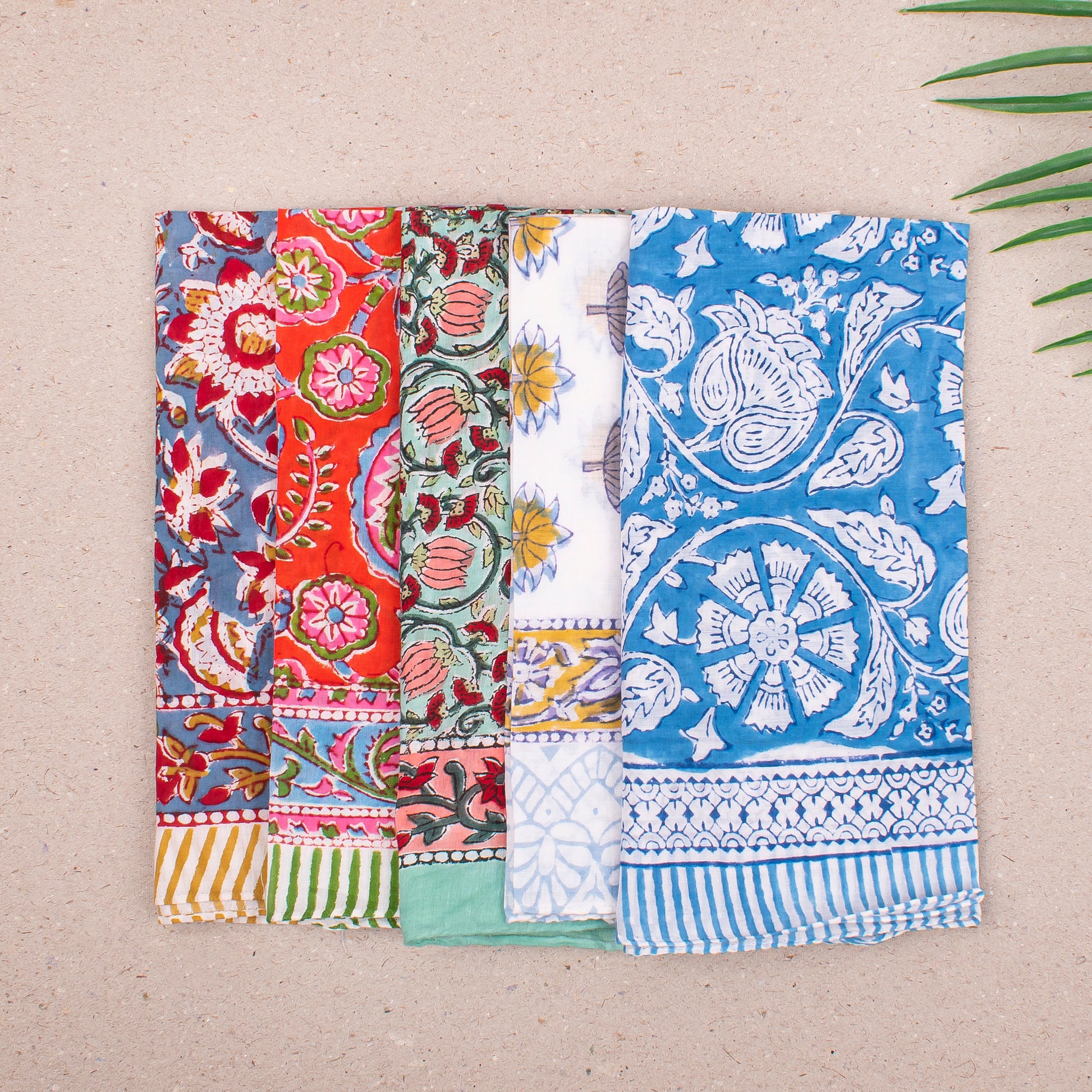 Block Print Bandana Headwrap For Women, Lightweight Cotton Scarf, Reusable Neck Tie, Handmade Face Wrap For Bohemian Style - 5pcs