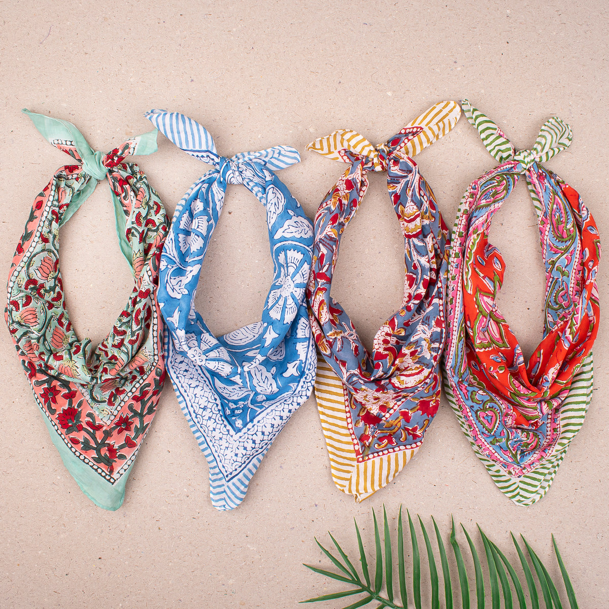 Lightweight Cotton Bandana For Men & Women, Handmade Reusable Headwrap With Boho Block Print, Scarf For Neck, Face Or Hair - 4pcs