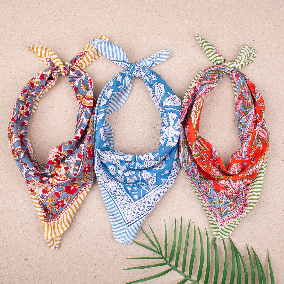 Hand Block Print Cotton Bandana, Lightweight Headwrap For Him Or Her, Stylish Reusable Face Or Neck Scarf, Boho Inspired Hair Wrap - 3pcs