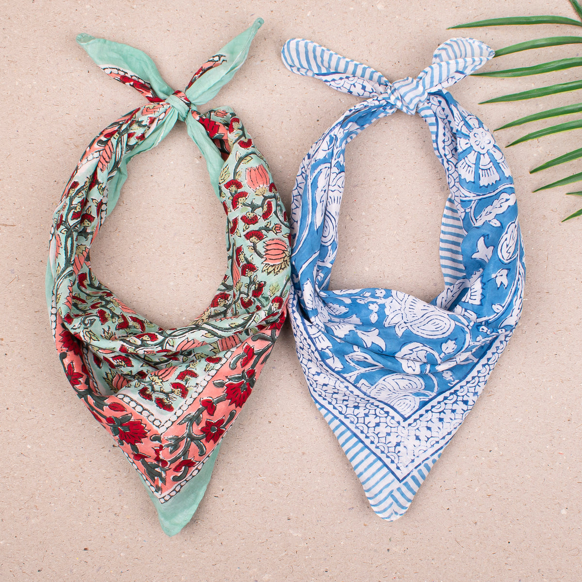 Lightweight Cotton Headwrap, Boho Bandana For Summer Style, Hand Block Print Scarf For Hair Or Face, Unisex Fashion Accessory - 2pcs