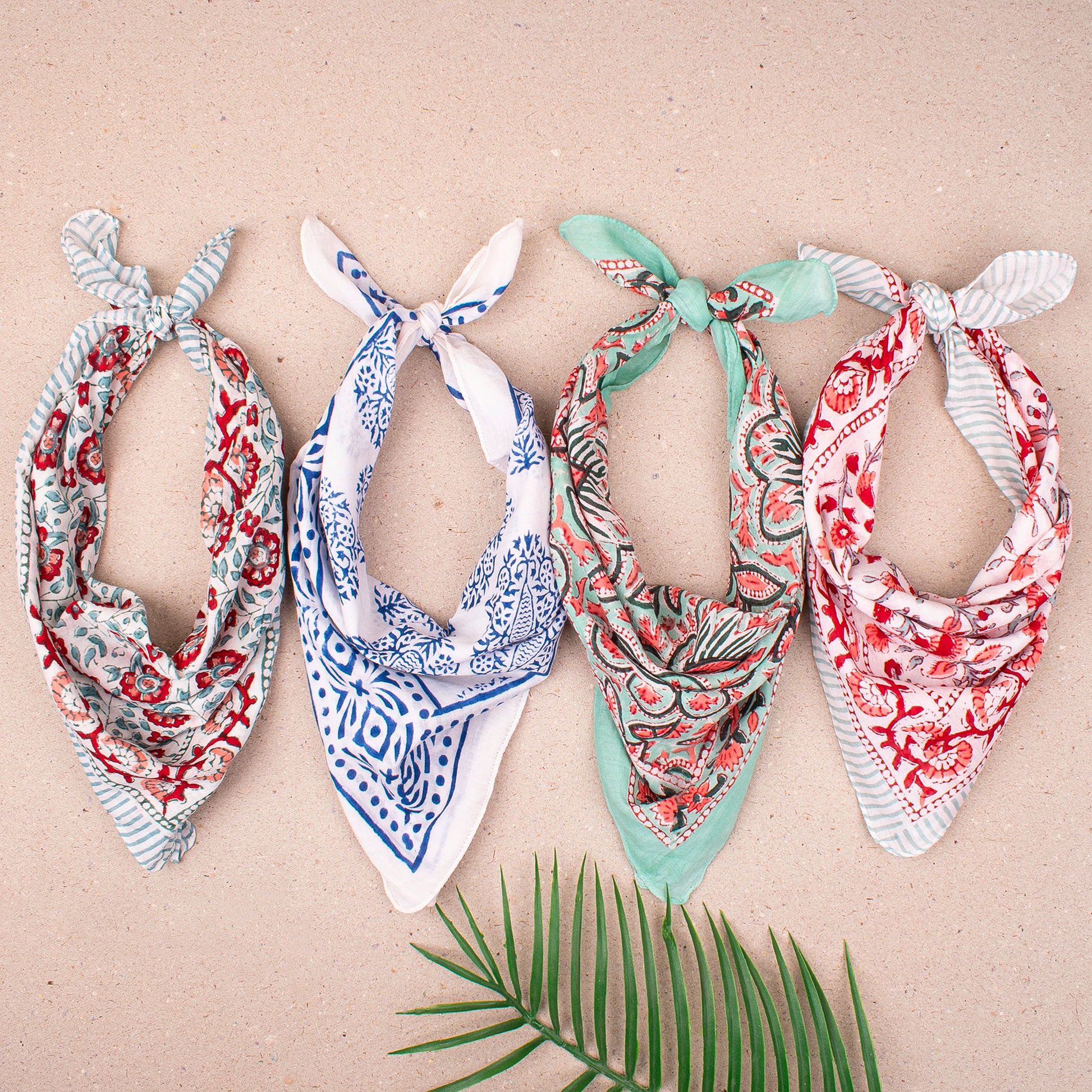 Soft Cotton Bandana Scarf, Boho Block Print Headwrap, Lightweight Hair Or Neck Accessory, Handmade For Outdoor Style - 4pcs