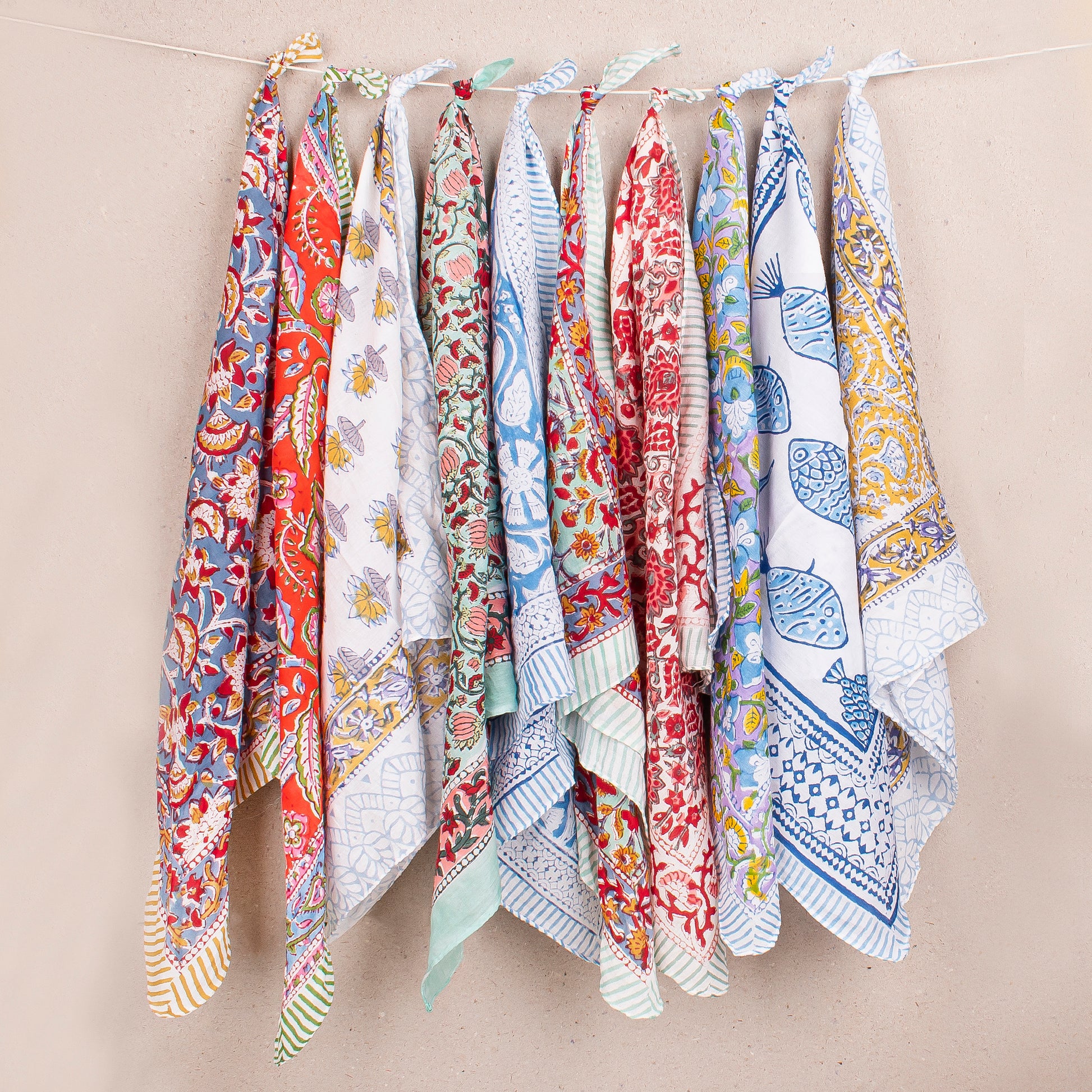 Soft Cotton Boho Bandana, Handmade Wrap For Neck Or Face, Lightweight Scarf With Artistic Block Print Vintage Inspired Gift - 10pcs