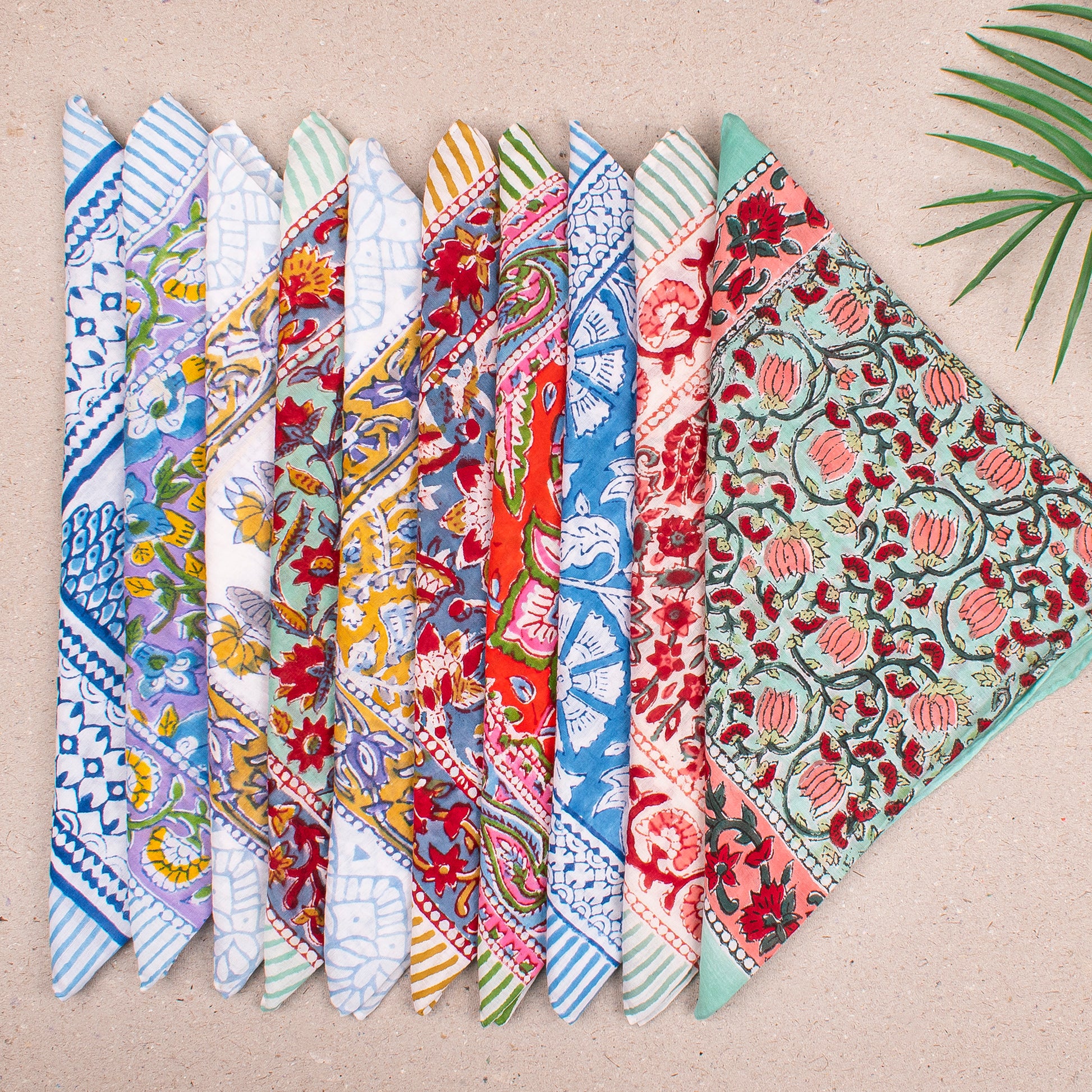 Soft Cotton Boho Bandana, Handmade Wrap For Neck Or Face, Lightweight Scarf With Artistic Block Print Vintage Inspired Gift - 10pcs