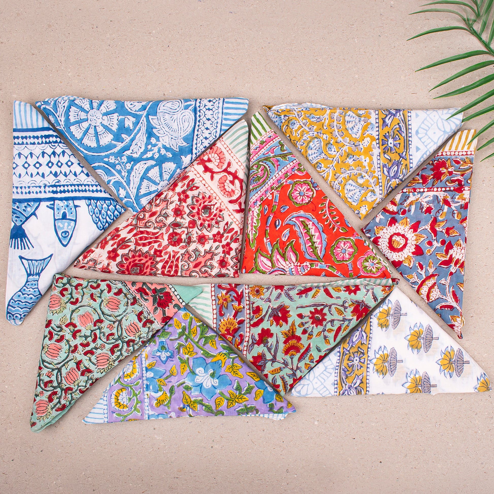 Soft Cotton Boho Bandana, Handmade Wrap For Neck Or Face, Lightweight Scarf With Artistic Block Print Vintage Inspired Gift - 10pcs