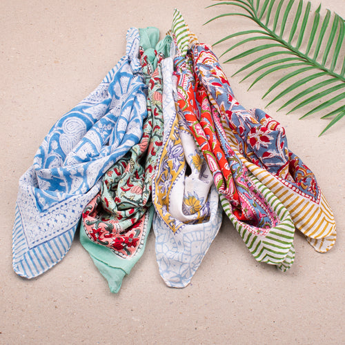 Block Print Bandana Headwrap For Women, Lightweight Cotton Scarf, Reusable Neck Tie, Handmade Face Wrap For Bohemian Style - 5pcs