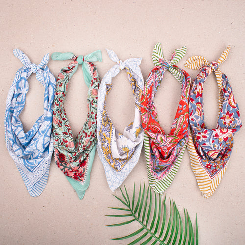 Block Print Bandana Headwrap For Women, Lightweight Cotton Scarf, Reusable Neck Tie, Handmade Face Wrap For Bohemian Style - 5pcs