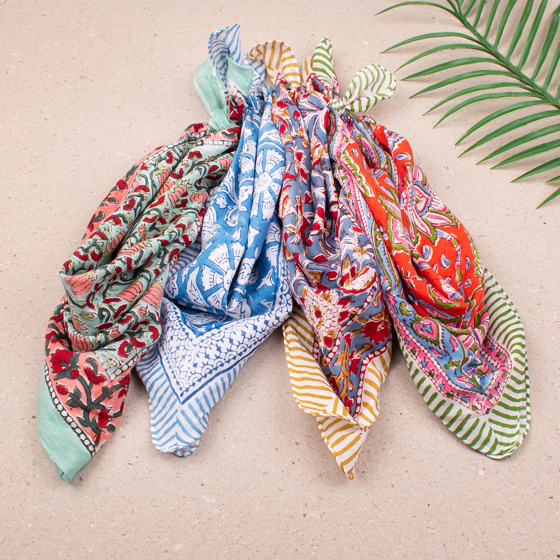Lightweight Cotton Bandana For Men & Women, Handmade Reusable Headwrap With Boho Block Print, Scarf For Neck, Face Or Hair - 4pcs