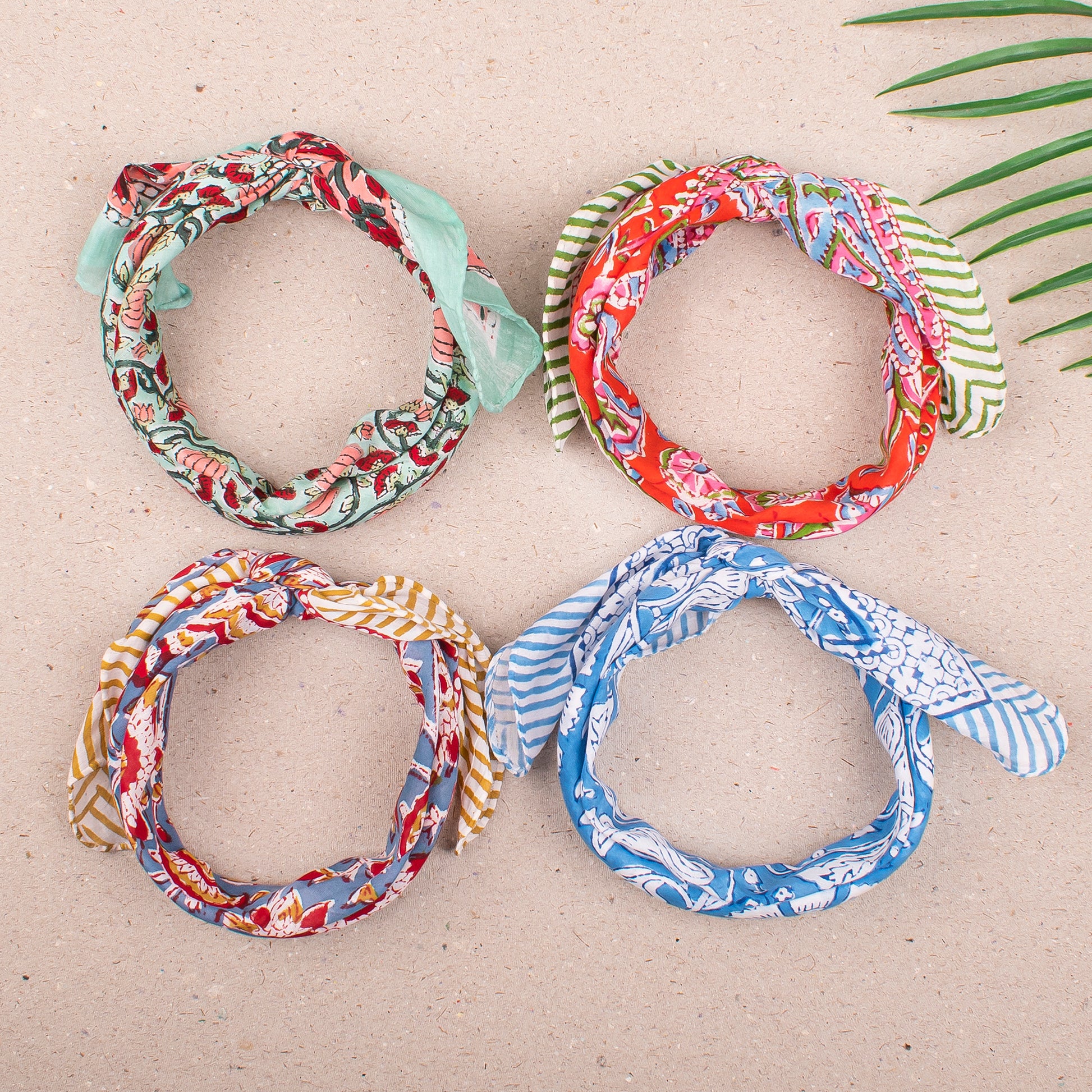 Lightweight Cotton Bandana For Men & Women, Handmade Reusable Headwrap With Boho Block Print, Scarf For Neck, Face Or Hair - 4pcs