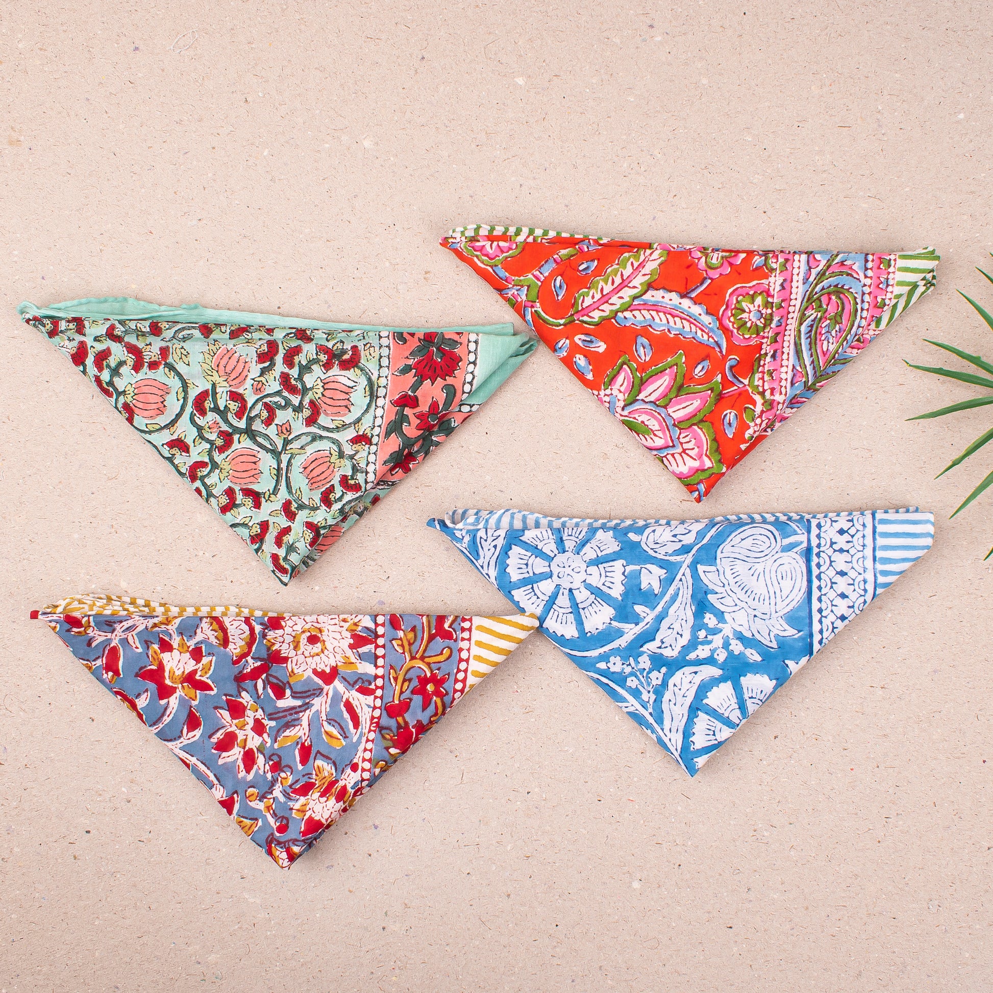 Lightweight Cotton Bandana For Men & Women, Handmade Reusable Headwrap With Boho Block Print, Scarf For Neck, Face Or Hair - 4pcs