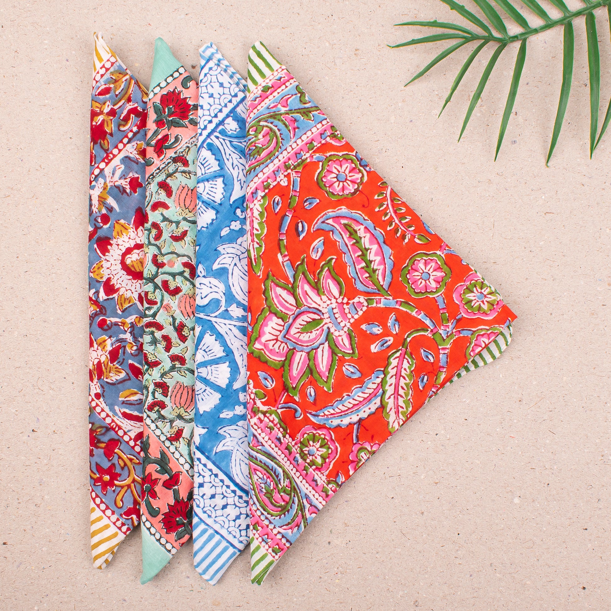 Lightweight Cotton Bandana For Men & Women, Handmade Reusable Headwrap With Boho Block Print, Scarf For Neck, Face Or Hair - 4pcs