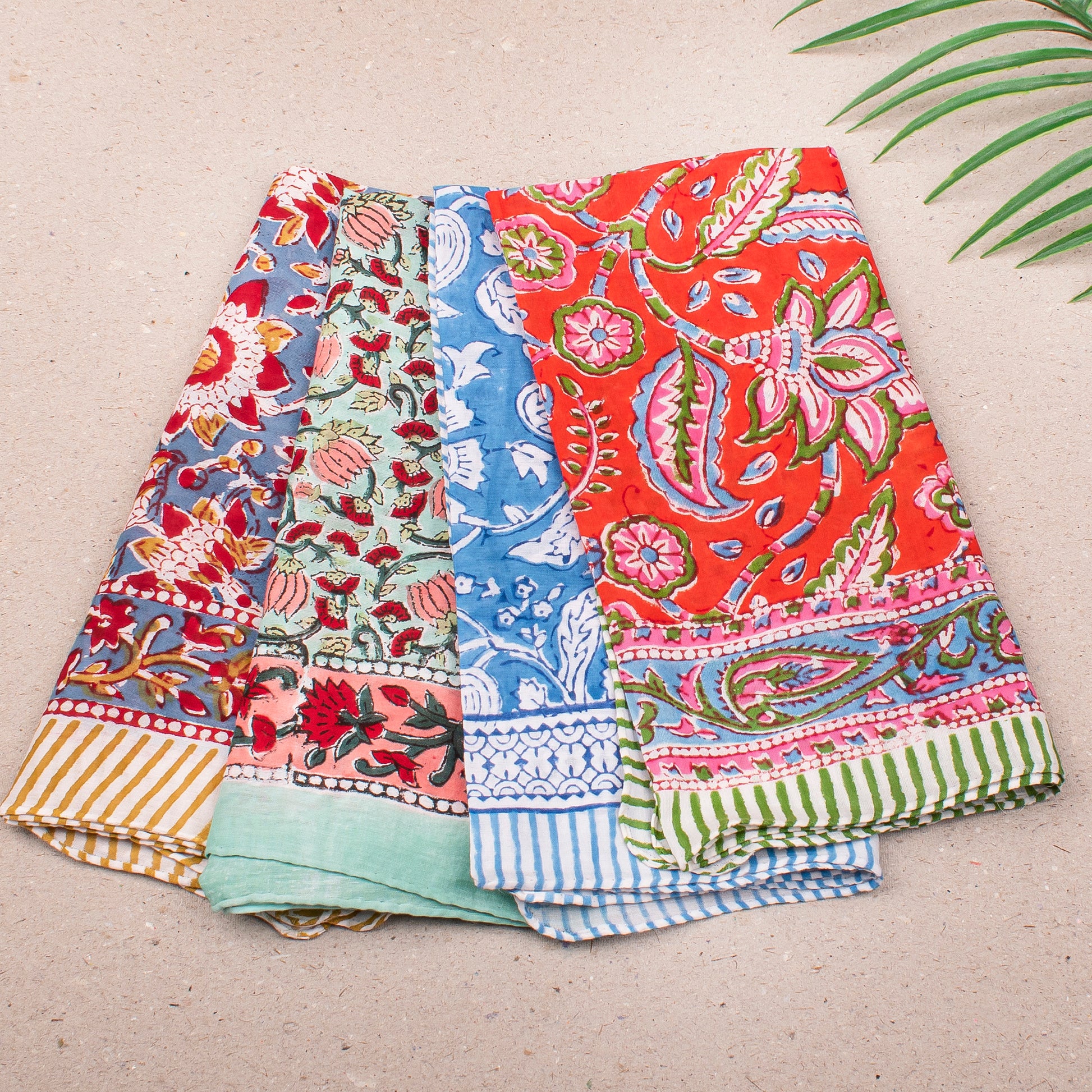Lightweight Cotton Bandana For Men & Women, Handmade Reusable Headwrap With Boho Block Print, Scarf For Neck, Face Or Hair - 4pcs