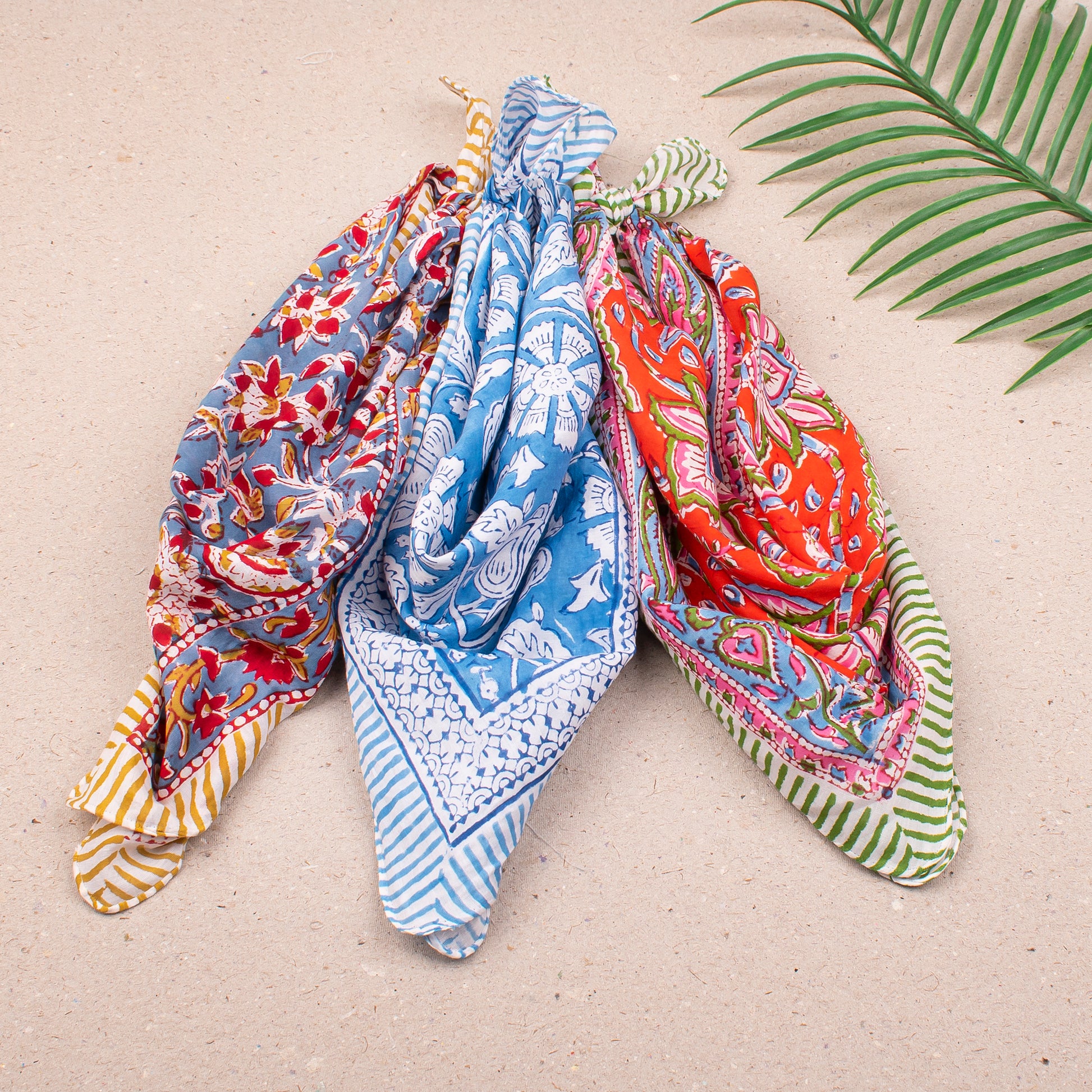 Hand Block Print Cotton Bandana, Lightweight Headwrap For Him Or Her, Stylish Reusable Face Or Neck Scarf, Boho Inspired Hair Wrap - 3pcs