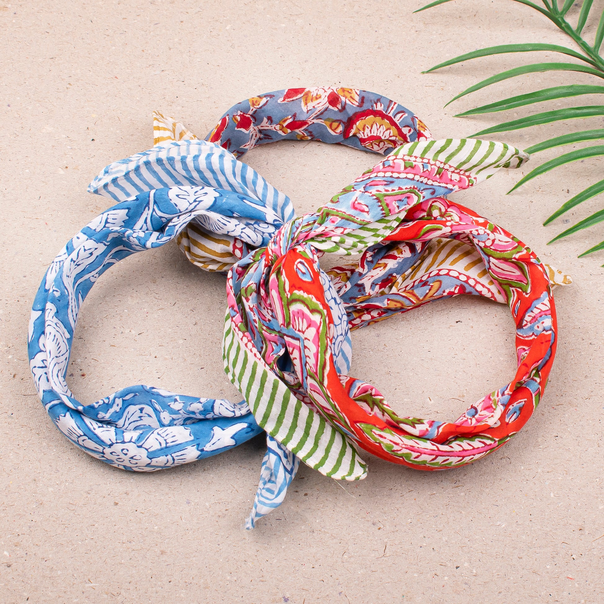 Hand Block Print Cotton Bandana, Lightweight Headwrap For Him Or Her, Stylish Reusable Face Or Neck Scarf, Boho Inspired Hair Wrap - 3pcs