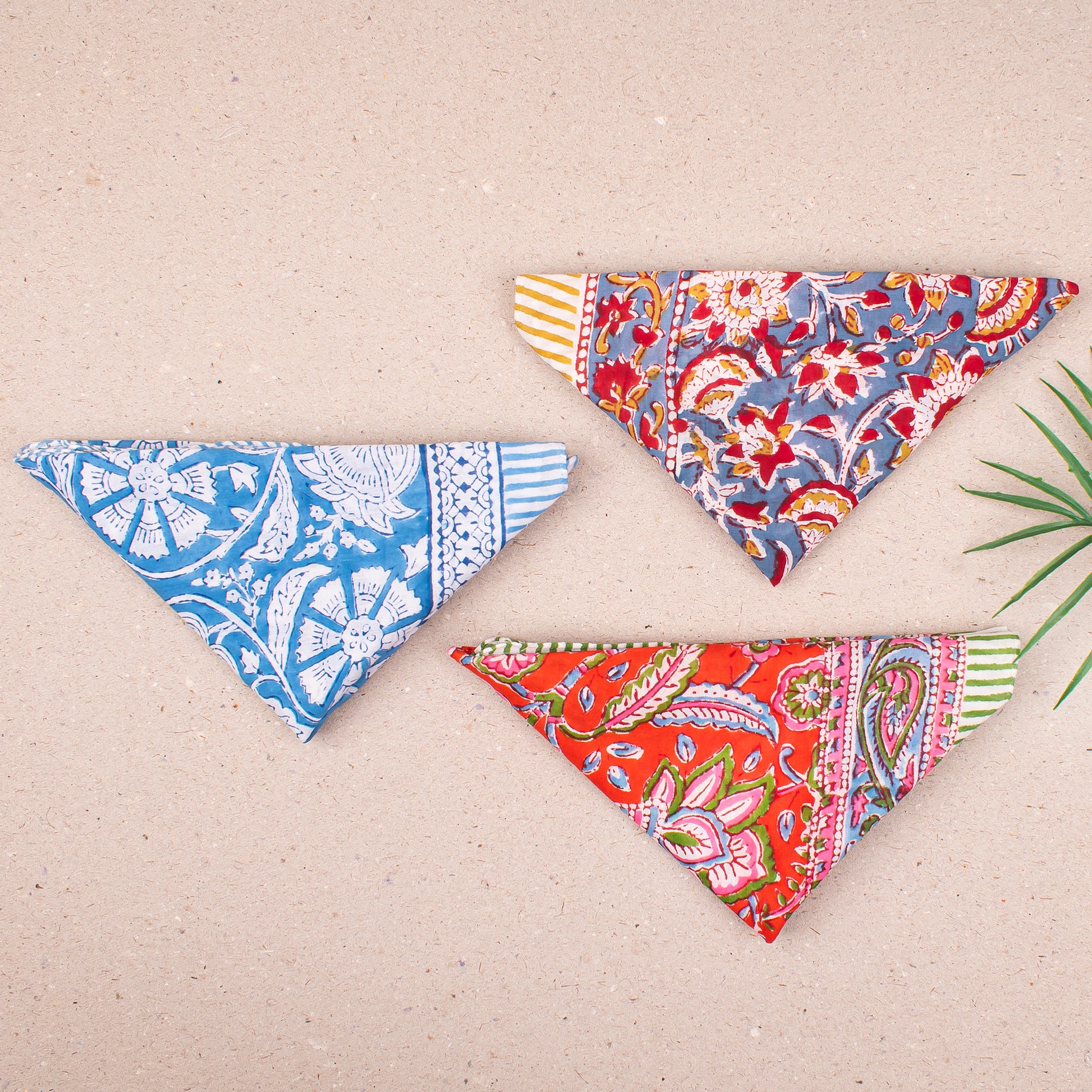 Hand Block Print Cotton Bandana, Lightweight Headwrap For Him Or Her, Stylish Reusable Face Or Neck Scarf, Boho Inspired Hair Wrap - 3pcs