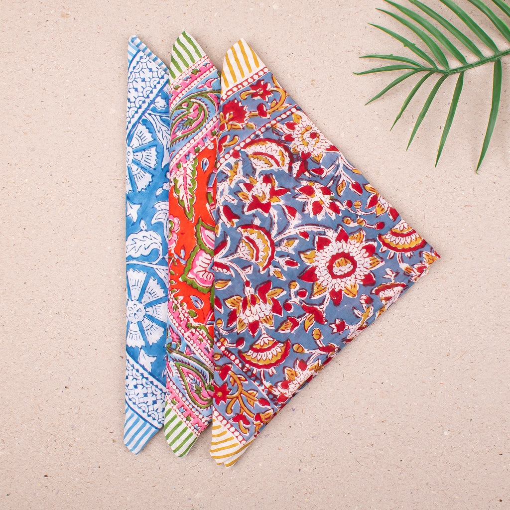 Hand Block Print Cotton Bandana, Lightweight Headwrap For Him Or Her, Stylish Reusable Face Or Neck Scarf, Boho Inspired Hair Wrap - 3pcs