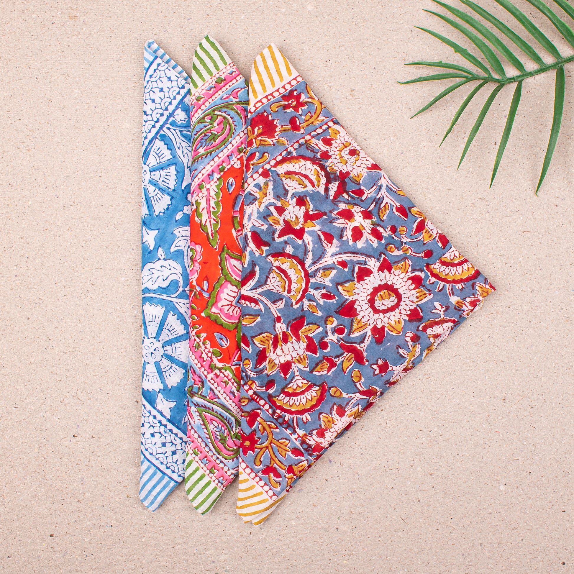 Hand Block Print Cotton Bandana, Lightweight Headwrap For Him Or Her, Stylish Reusable Face Or Neck Scarf, Boho Inspired Hair Wrap - 3pcs