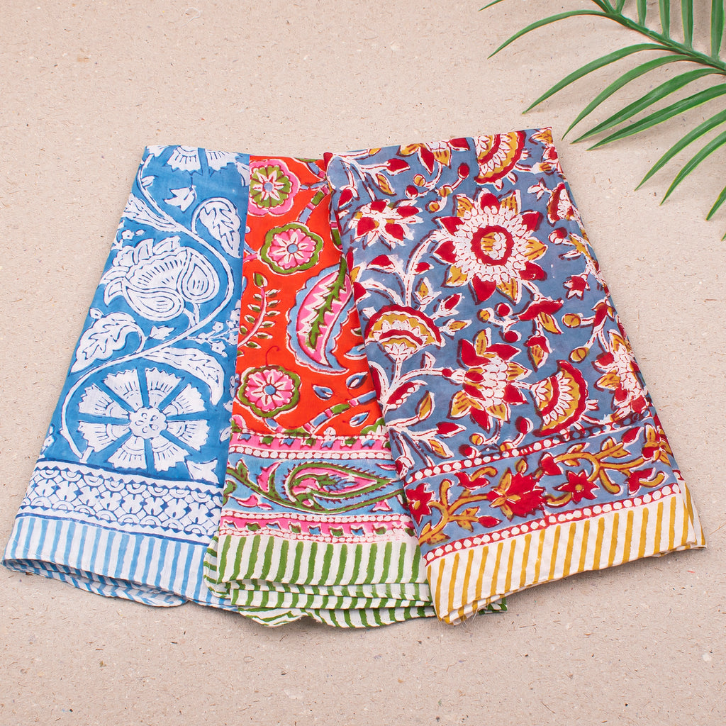 Hand Block Print Cotton Bandana, Lightweight Headwrap For Him Or Her, Stylish Reusable Face Or Neck Scarf, Boho Inspired Hair Wrap - 3pcs