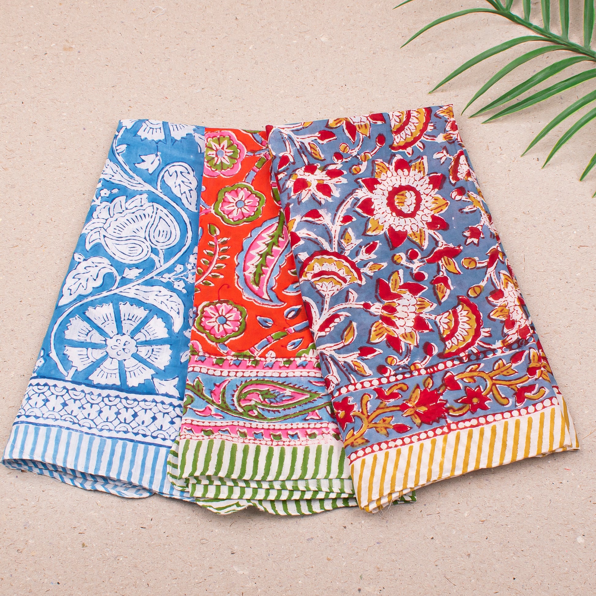 Hand Block Print Cotton Bandana, Lightweight Headwrap For Him Or Her, Stylish Reusable Face Or Neck Scarf, Boho Inspired Hair Wrap - 3pcs