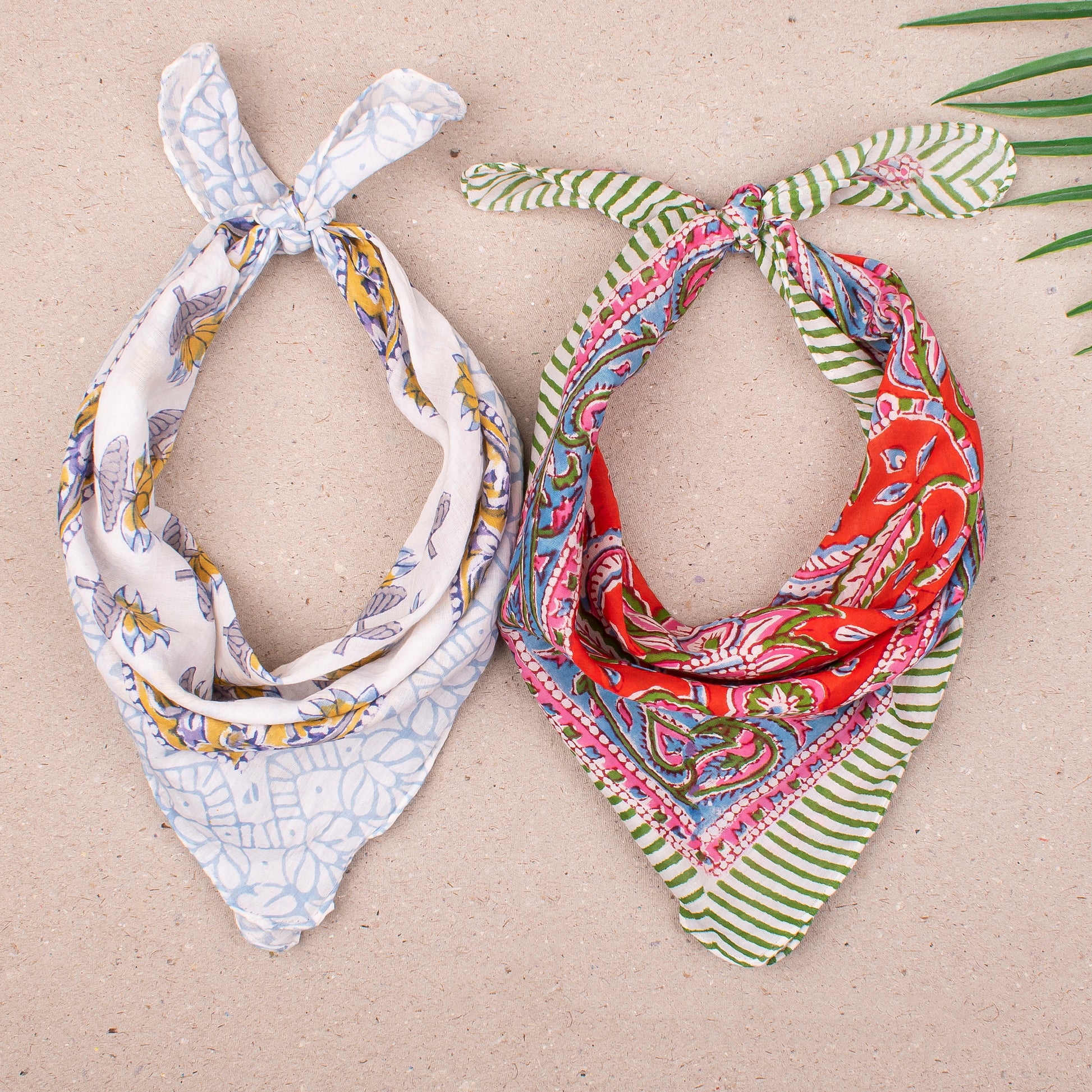 Eco-Friendly Handmade Bandana Scarf, Lightweight Cotton Wrap For Boho Neck Or Face Style, Reusable Block Print Headwrap, Gift For Her - 2pcs