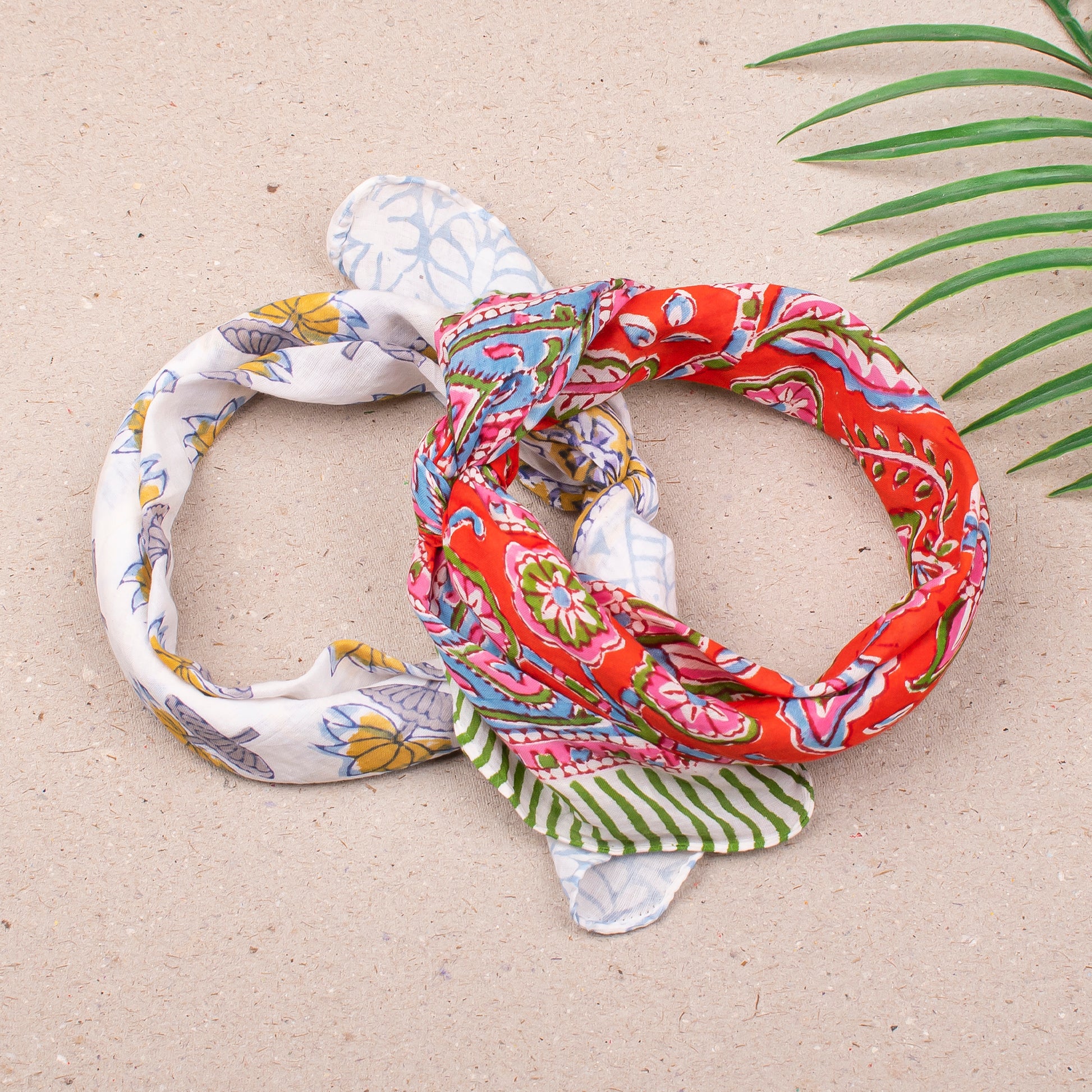 Eco-Friendly Handmade Bandana Scarf, Lightweight Cotton Wrap For Boho Neck Or Face Style, Reusable Block Print Headwrap, Gift For Her - 2pcs