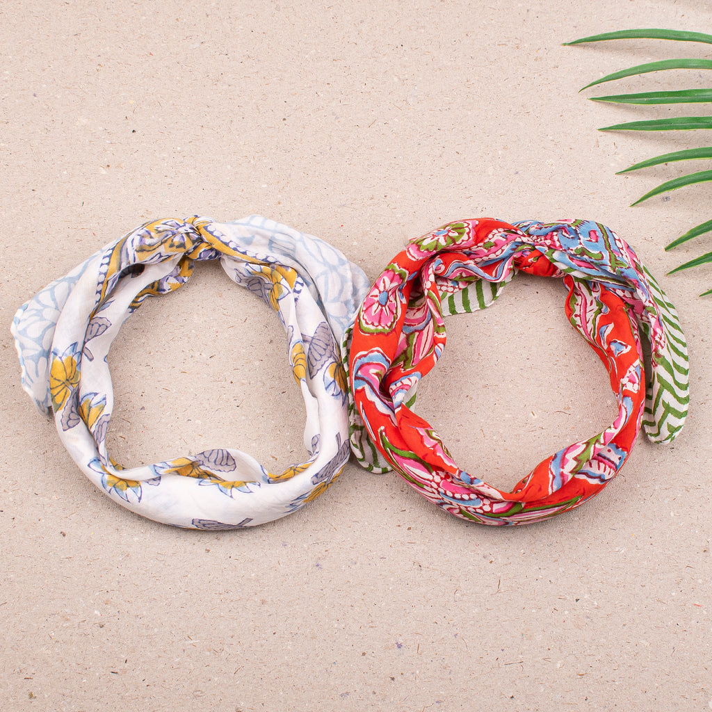 Eco-Friendly Handmade Bandana Scarf, Lightweight Cotton Wrap For Boho Neck Or Face Style, Reusable Block Print Headwrap, Gift For Her - 2pcs