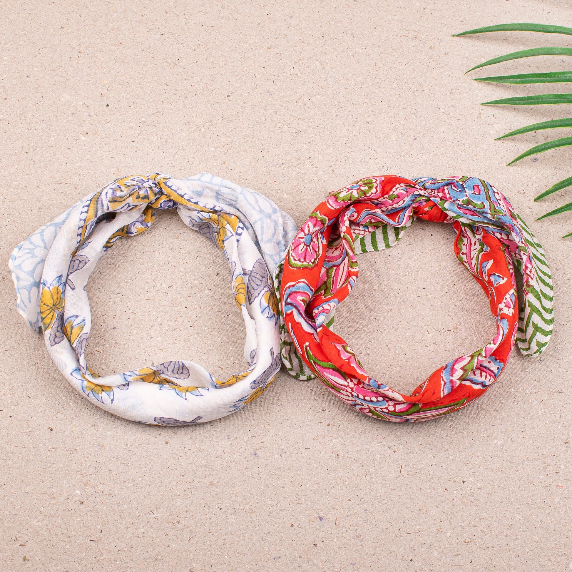 Eco-Friendly Handmade Bandana Scarf, Lightweight Cotton Wrap For Boho Neck Or Face Style, Reusable Block Print Headwrap, Gift For Her - 2pcs