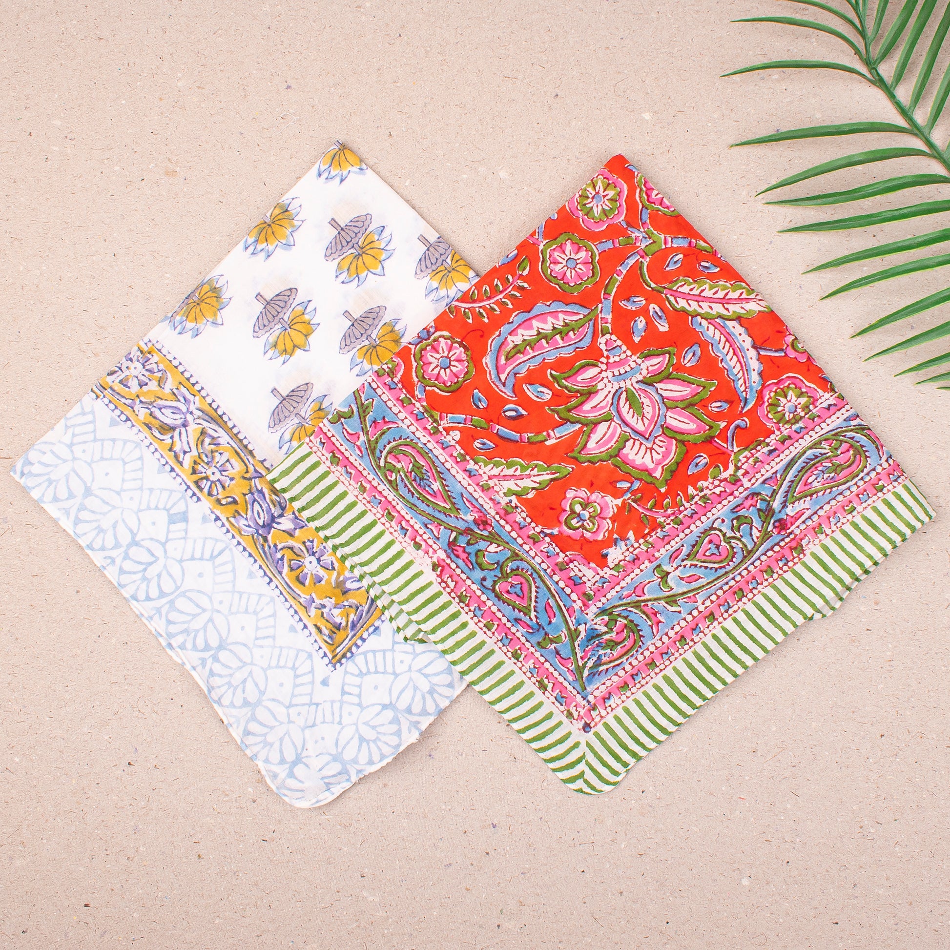 Eco-Friendly Handmade Bandana Scarf, Lightweight Cotton Wrap For Boho Neck Or Face Style, Reusable Block Print Headwrap, Gift For Her - 2pcs