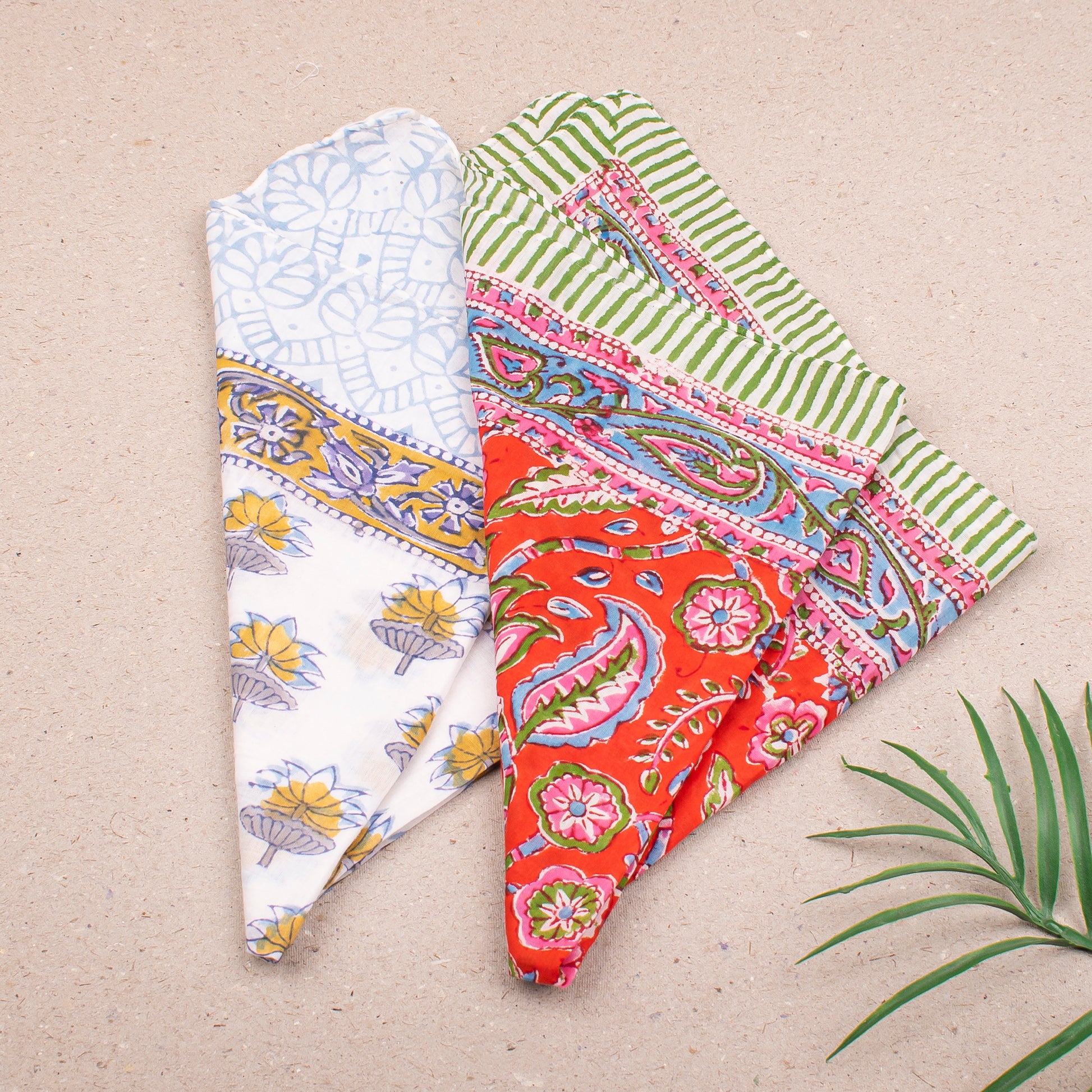 Eco-Friendly Handmade Bandana Scarf, Lightweight Cotton Wrap For Boho Neck Or Face Style, Reusable Block Print Headwrap, Gift For Her - 2pcs