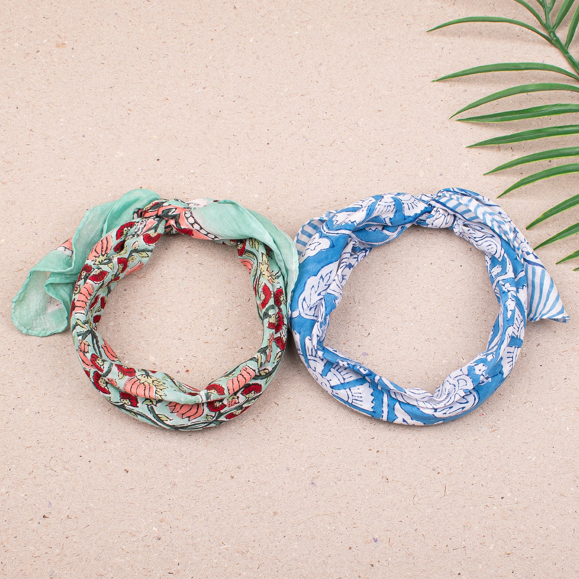 Lightweight Cotton Headwrap, Boho Bandana For Summer Style, Hand Block Print Scarf For Hair Or Face, Unisex Fashion Accessory - 2pcs