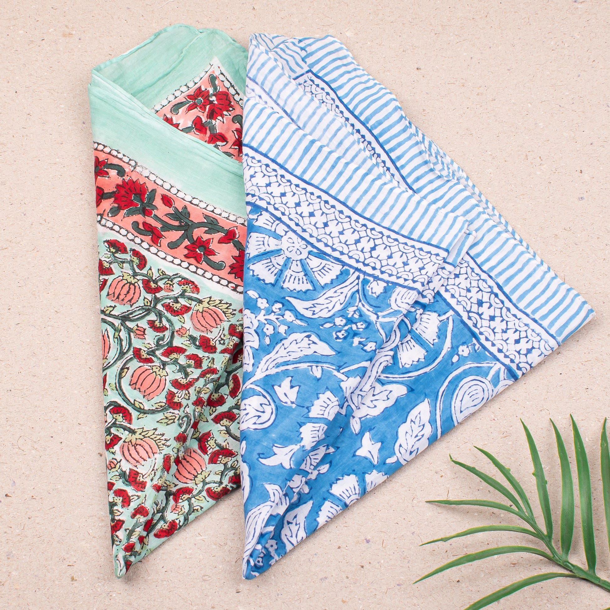Lightweight Cotton Headwrap, Boho Bandana For Summer Style, Hand Block Print Scarf For Hair Or Face, Unisex Fashion Accessory - 2pcs