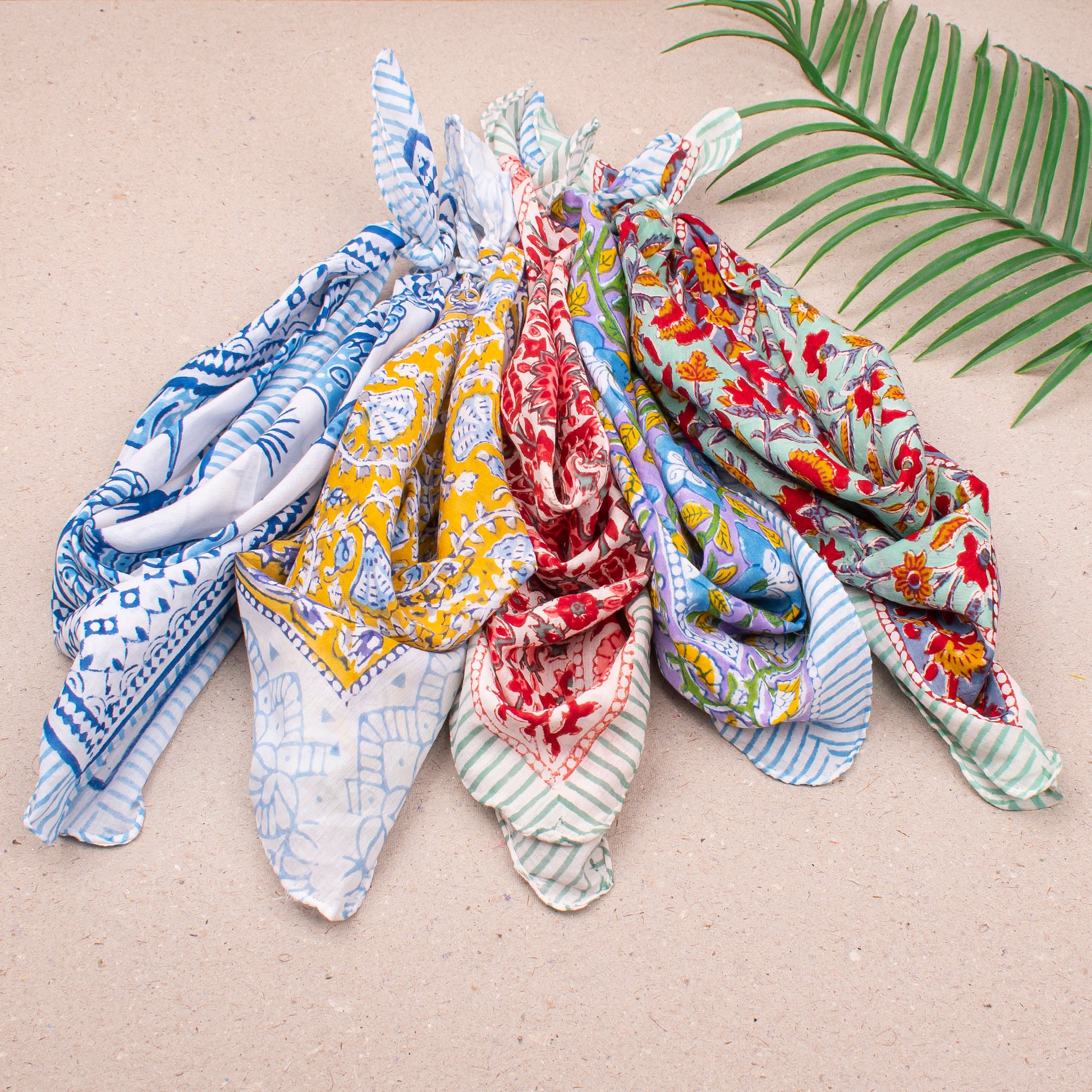 Cotton Bandana Headwrap, Reusable Block Print Scarf For Hair Or Neck, Lightweight Handmade Face Cover, Unisex Gift For Travellers - 5pcs