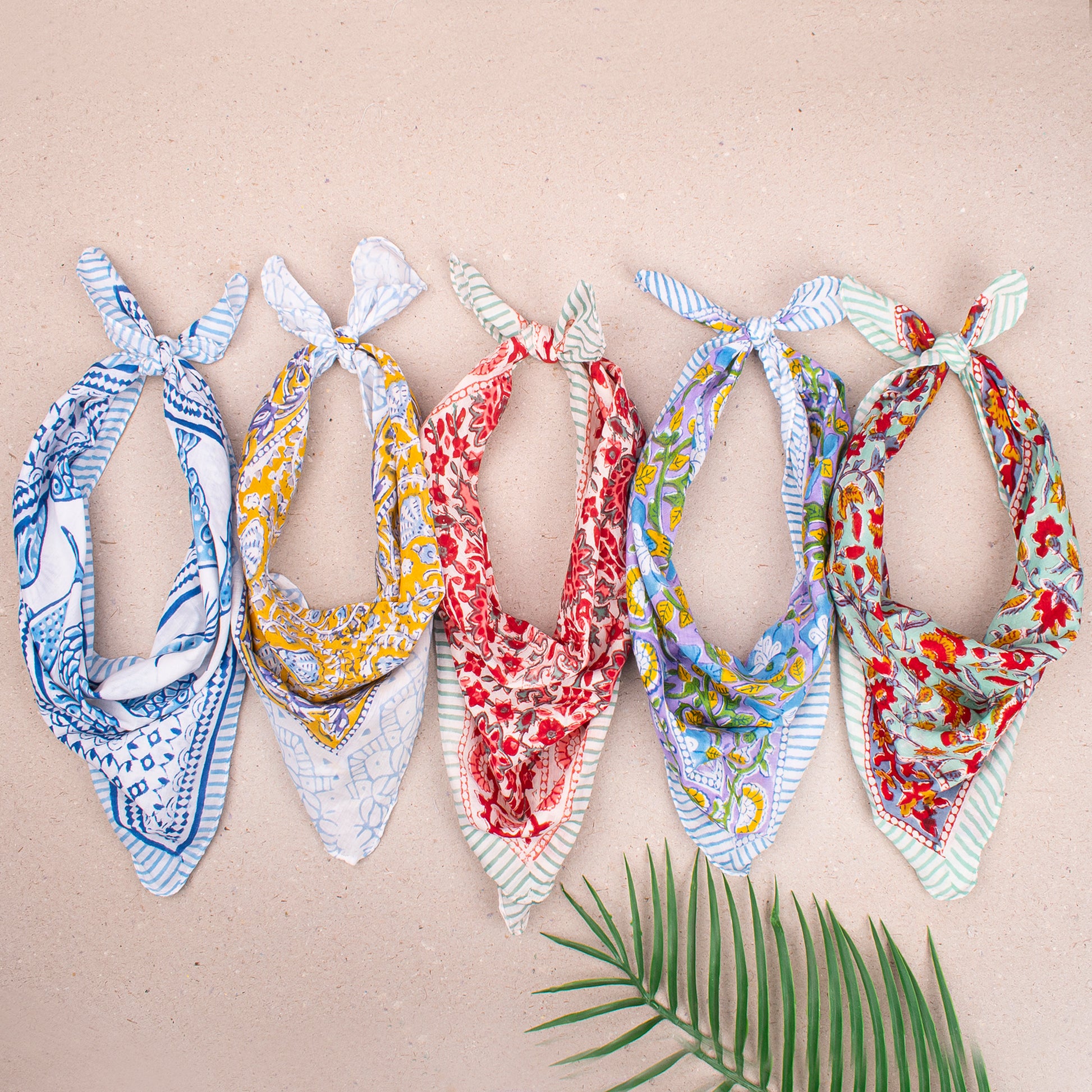 Cotton Bandana Headwrap, Reusable Block Print Scarf For Hair Or Neck, Lightweight Handmade Face Cover, Unisex Gift For Travellers - 5pcs