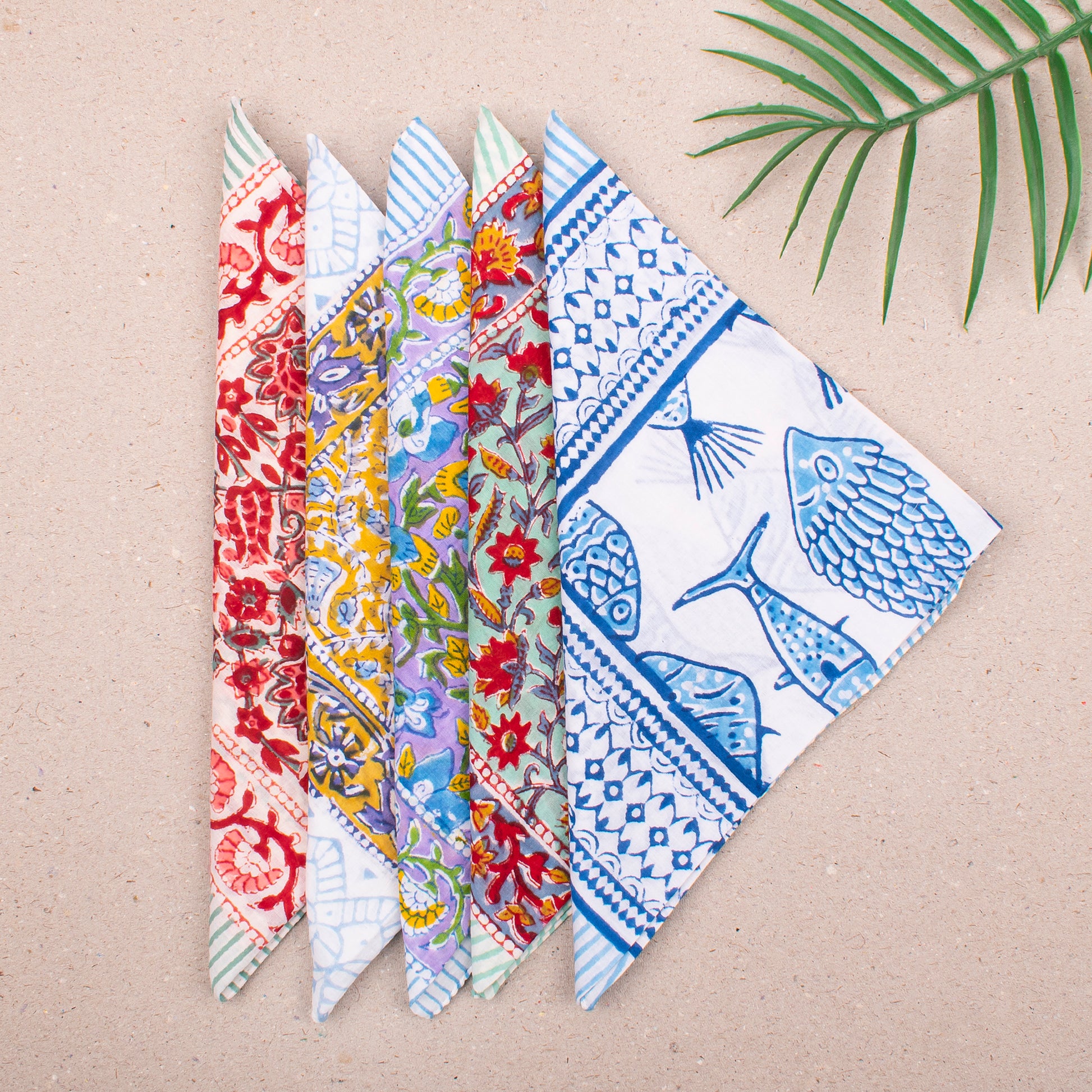 Cotton Bandana Headwrap, Reusable Block Print Scarf For Hair Or Neck, Lightweight Handmade Face Cover, Unisex Gift For Travellers - 5pcs
