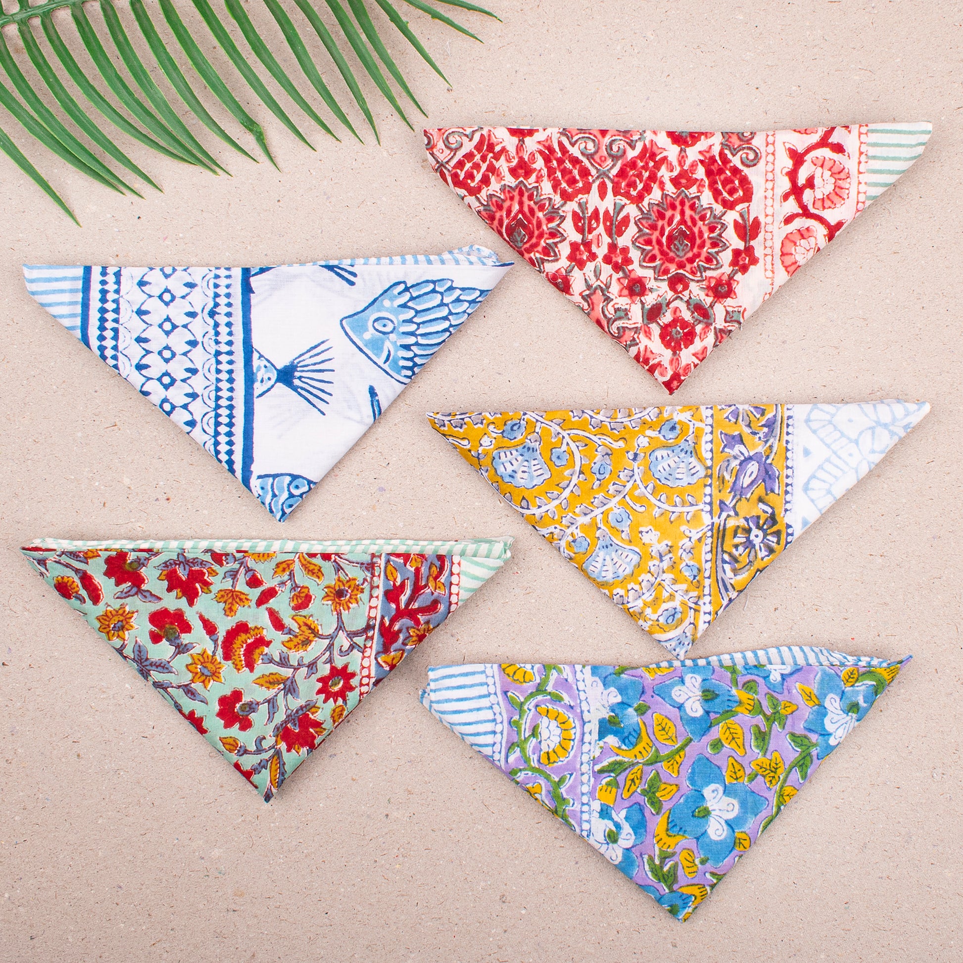 Cotton Bandana Headwrap, Reusable Block Print Scarf For Hair Or Neck, Lightweight Handmade Face Cover, Unisex Gift For Travellers - 5pcs
