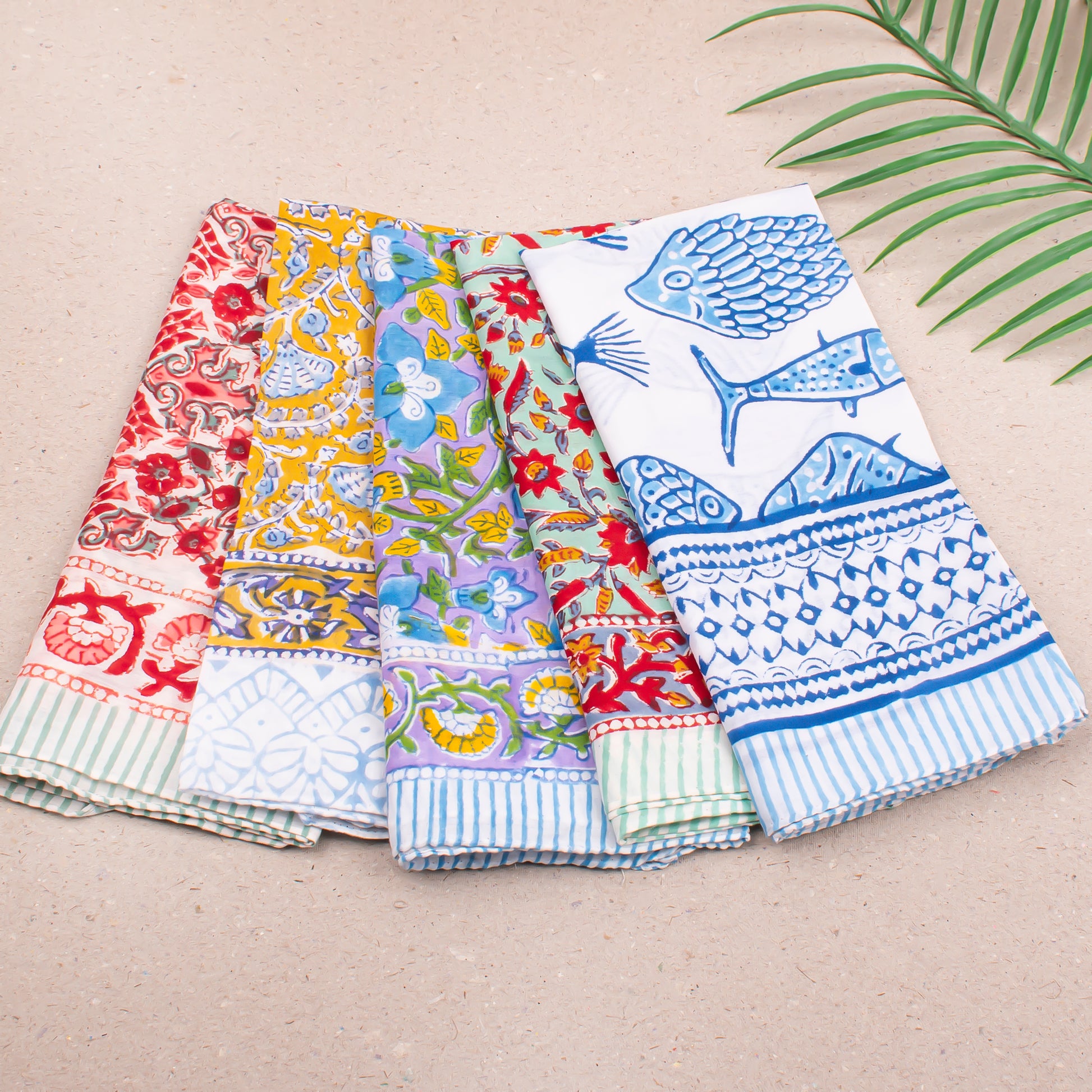 Cotton Bandana Headwrap, Reusable Block Print Scarf For Hair Or Neck, Lightweight Handmade Face Cover, Unisex Gift For Travellers - 5pcs