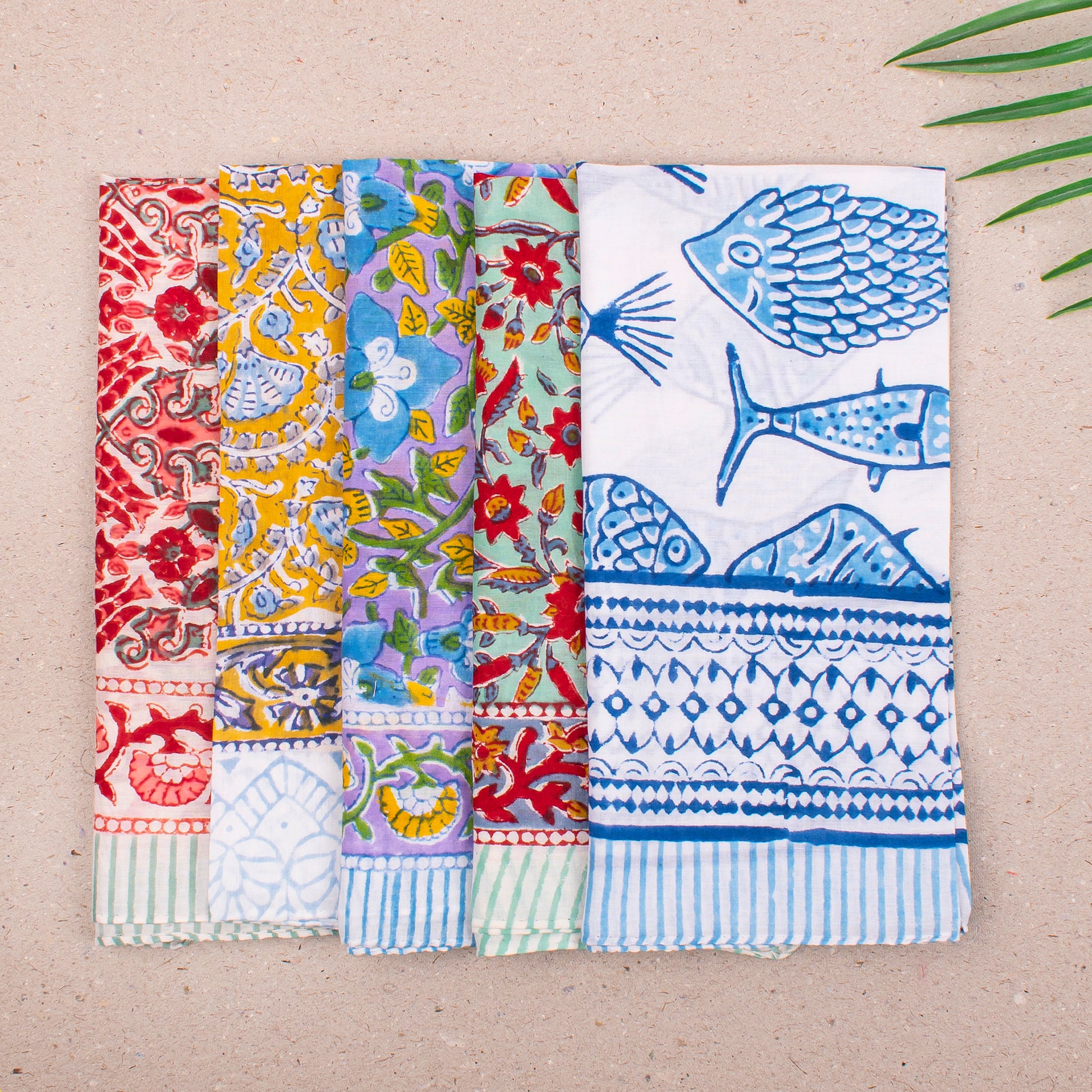 Cotton Bandana Headwrap, Reusable Block Print Scarf For Hair Or Neck, Lightweight Handmade Face Cover, Unisex Gift For Travellers - 5pcs