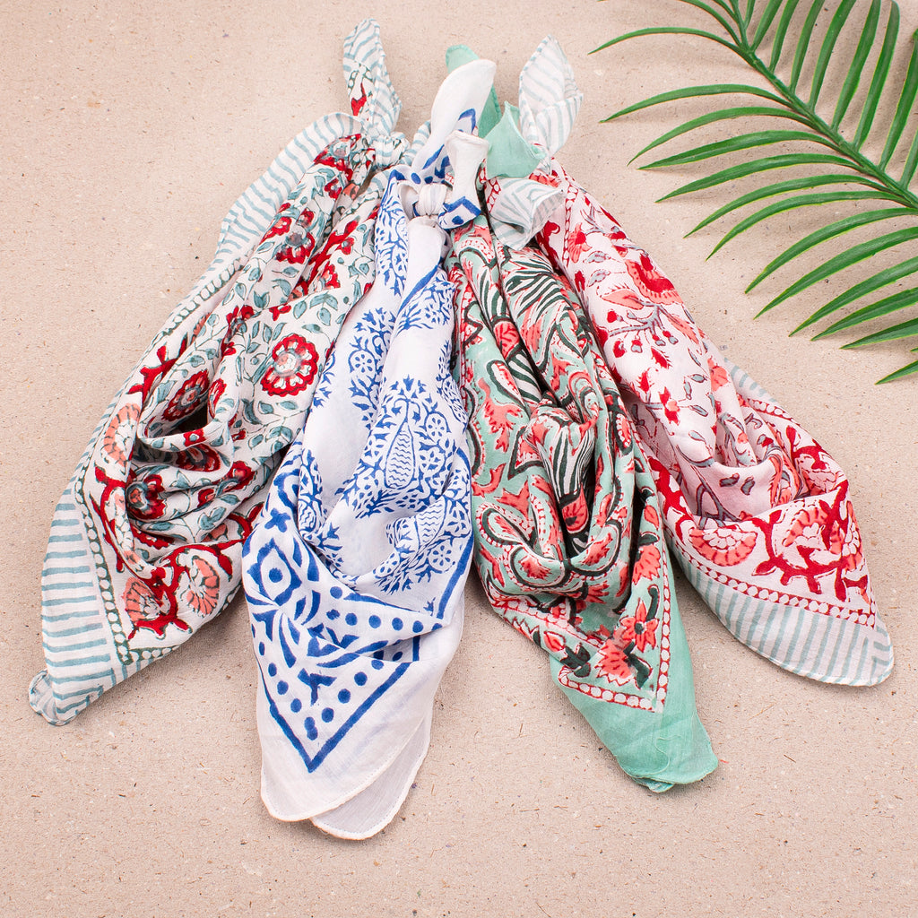 Soft Cotton Bandana Scarf, Boho Block Print Headwrap, Lightweight Hair Or Neck Accessory, Handmade For Outdoor Style - 4pcs