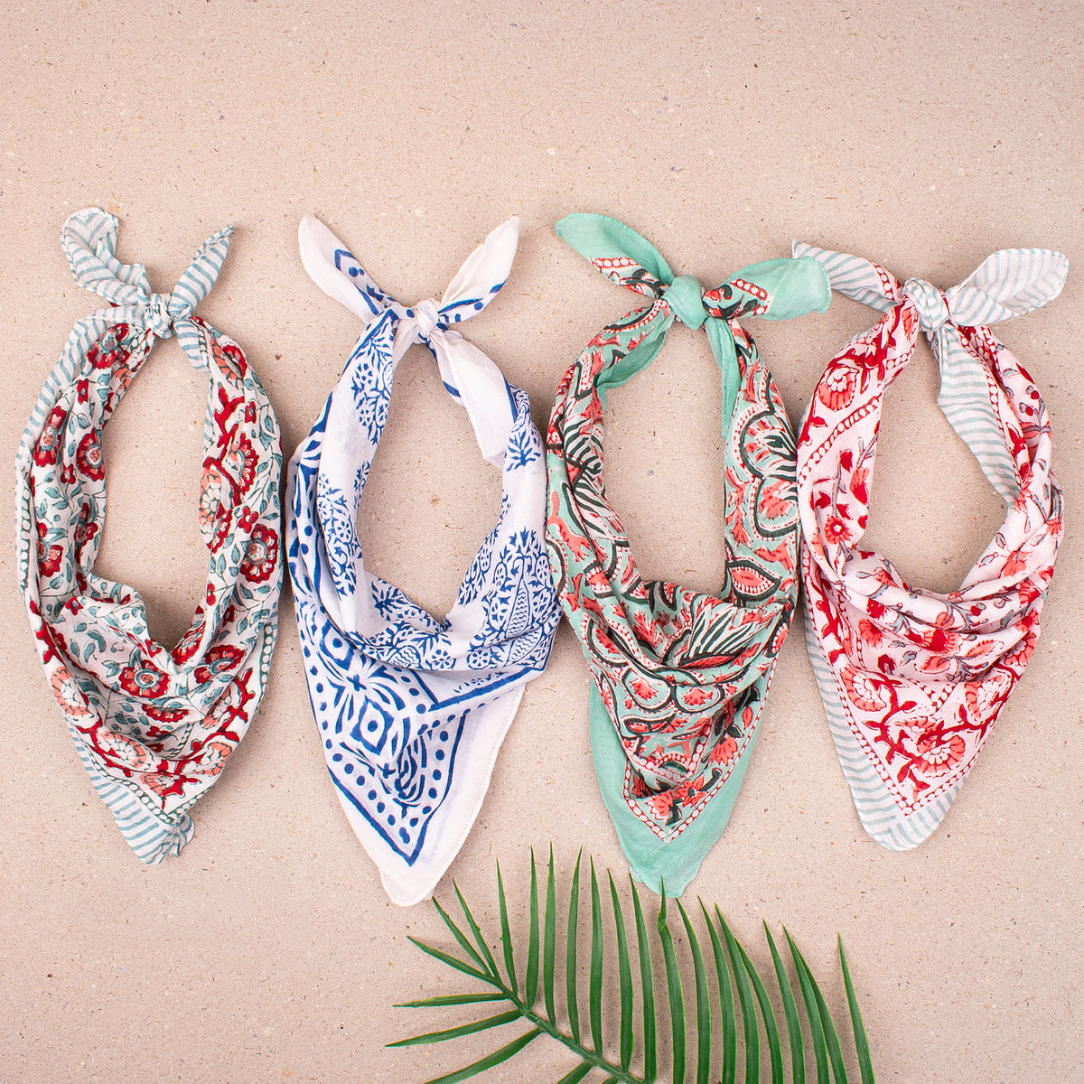 Soft Cotton Bandana Scarf, Boho Block Print Headwrap, Lightweight Hair Or Neck Accessory, Handmade For Outdoor Style - 4pcs