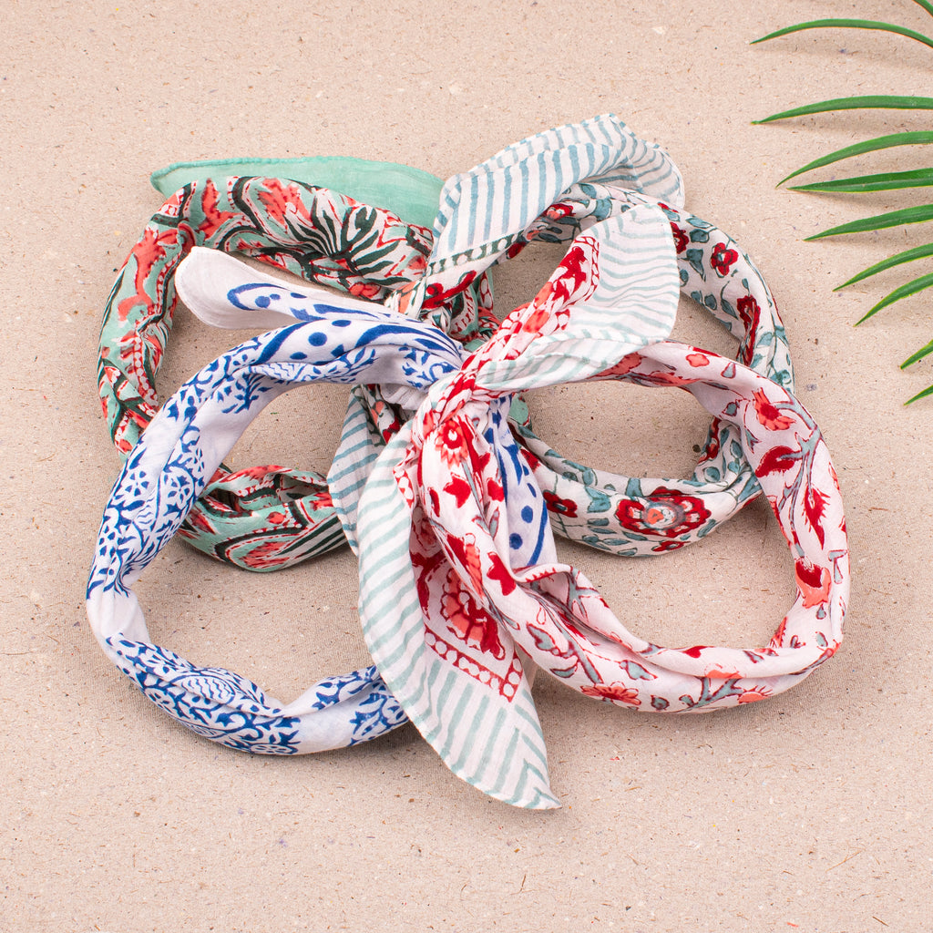 Soft Cotton Bandana Scarf, Boho Block Print Headwrap, Lightweight Hair Or Neck Accessory, Handmade For Outdoor Style - 4pcs