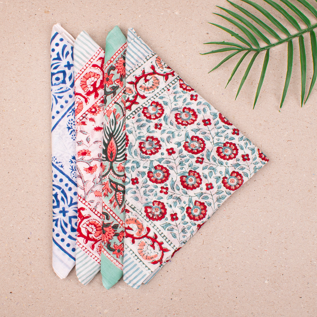 Soft Cotton Bandana Scarf, Boho Block Print Headwrap, Lightweight Hair Or Neck Accessory, Handmade For Outdoor Style - 4pcs