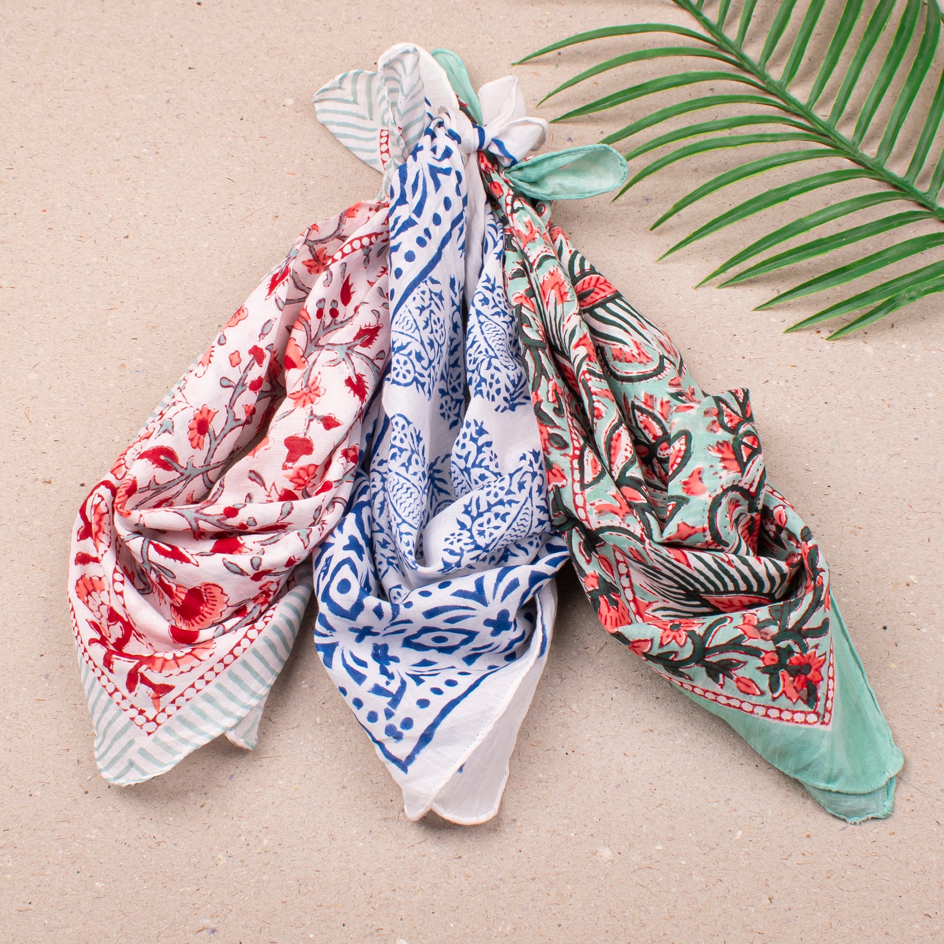 Handmade Boho Bandana Headwrap, Soft Cotton Scarf For Women, Reusable Block Print Neck Tie For Summer, Perfect Gift For Bikers - 3pcs