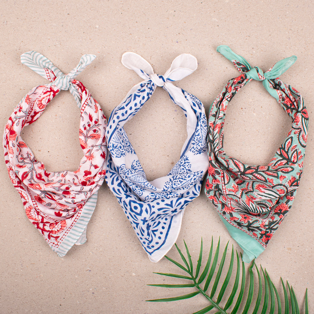 Handmade Boho Bandana Headwrap, Soft Cotton Scarf For Women, Reusable Block Print Neck Tie For Summer, Perfect Gift For Bikers - 3pcs
