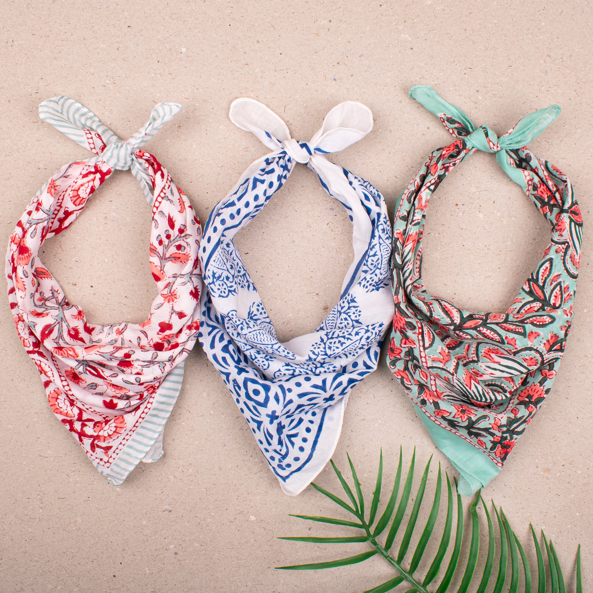 Handmade Boho Bandana Headwrap, Soft Cotton Scarf For Women, Reusable Block Print Neck Tie For Summer, Perfect Gift For Bikers - 3pcs