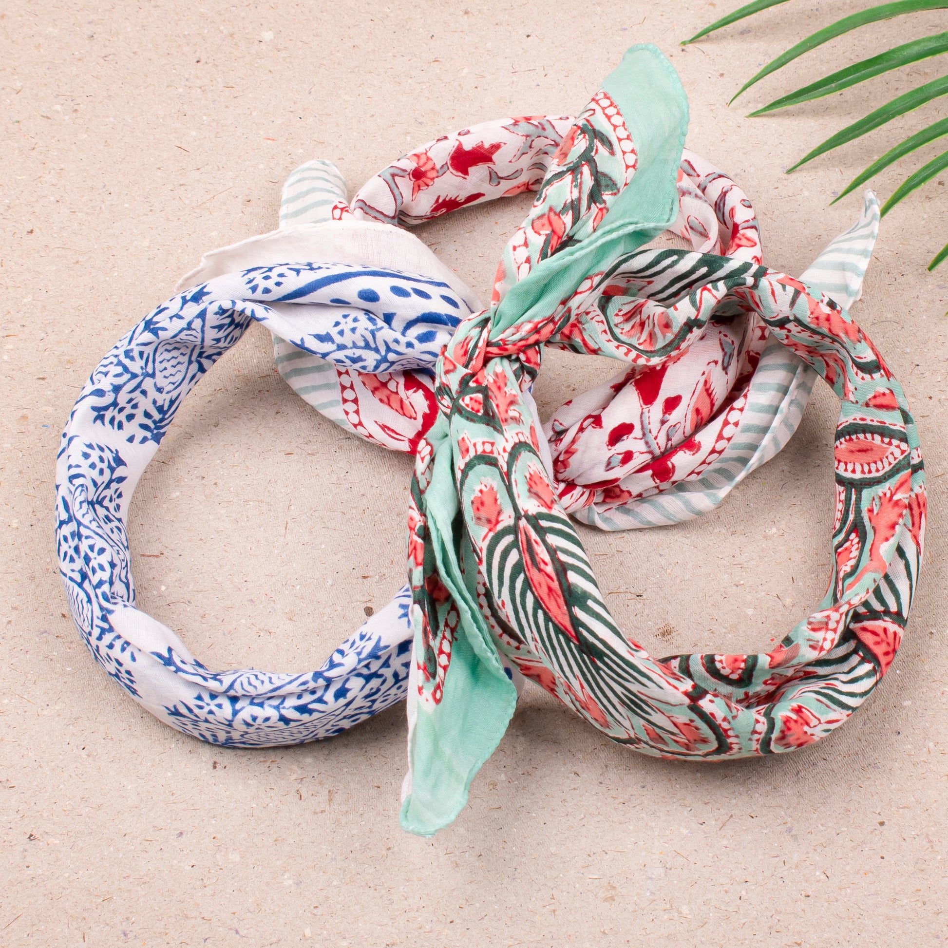 Handmade Boho Bandana Headwrap, Soft Cotton Scarf For Women, Reusable Block Print Neck Tie For Summer, Perfect Gift For Bikers - 3pcs