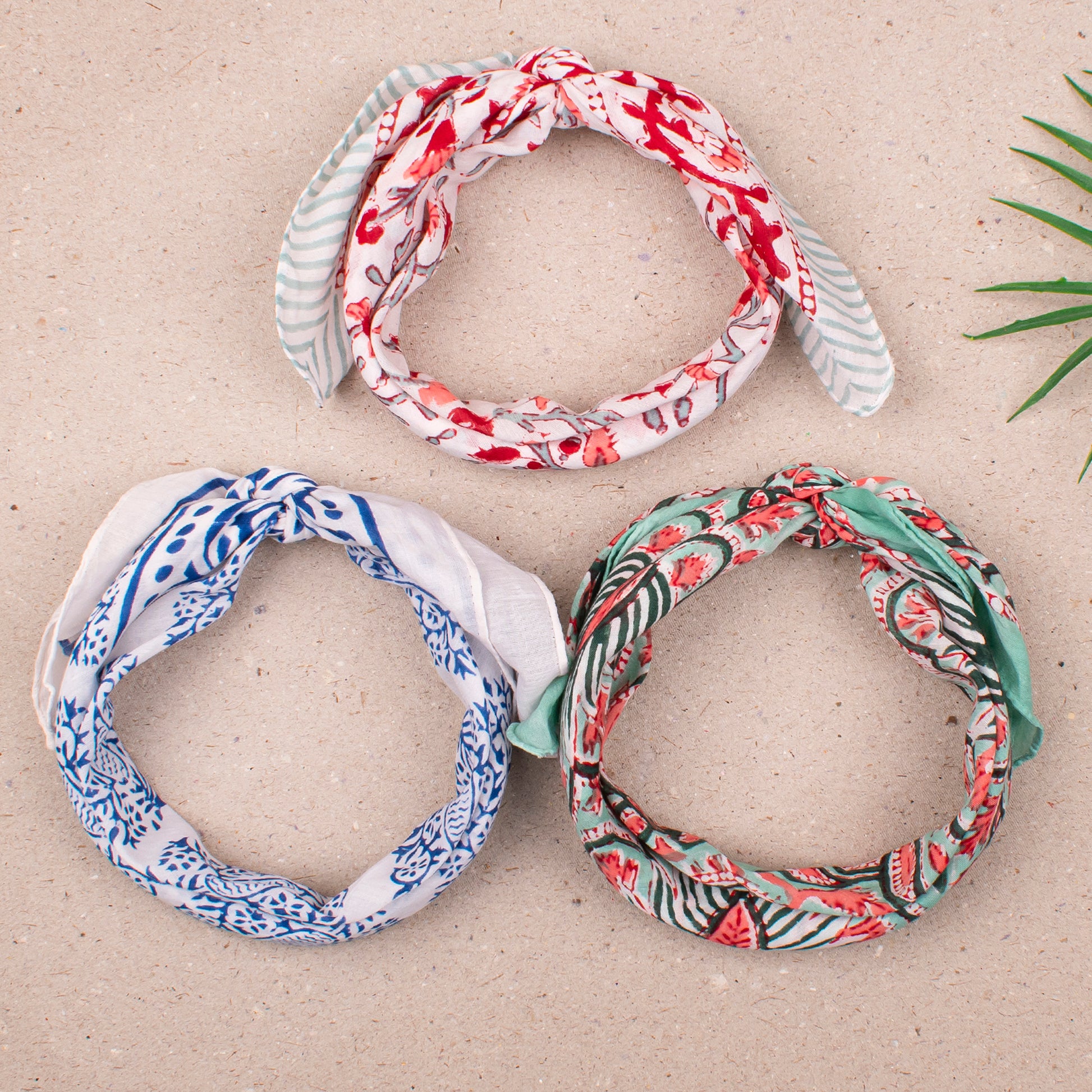 Handmade Boho Bandana Headwrap, Soft Cotton Scarf For Women, Reusable Block Print Neck Tie For Summer, Perfect Gift For Bikers - 3pcs
