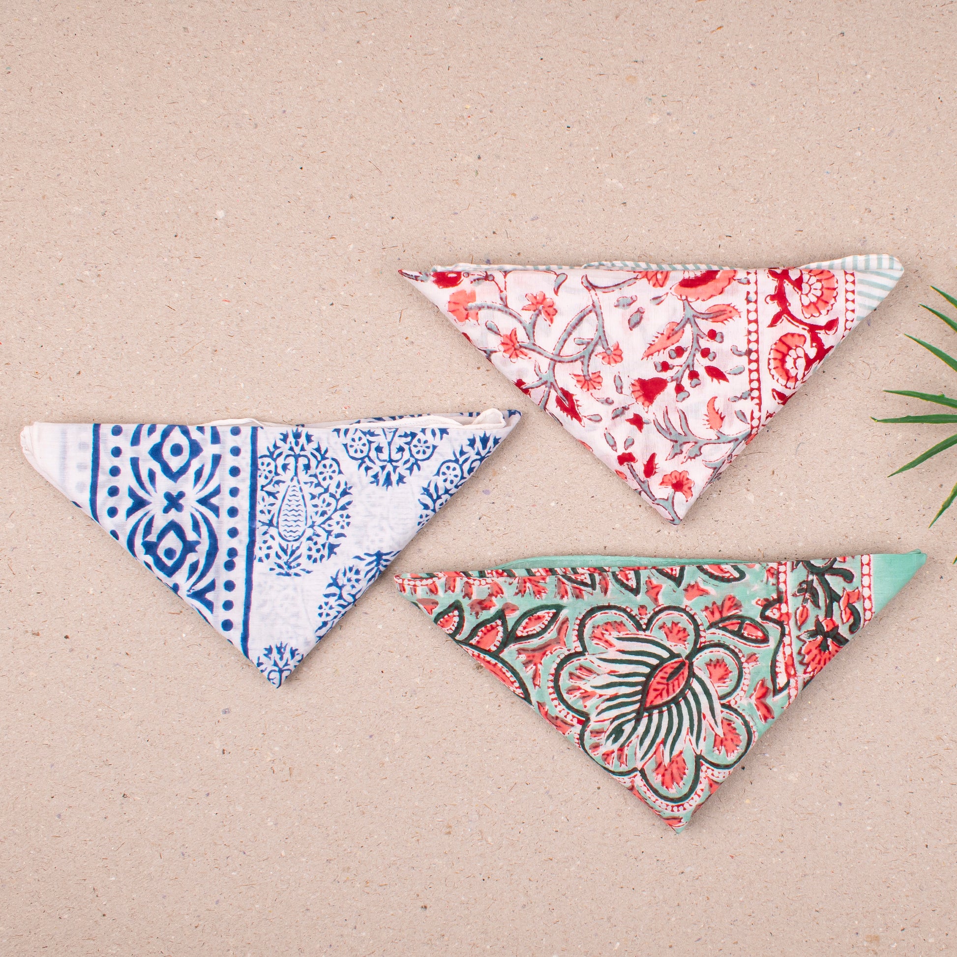 Handmade Boho Bandana Headwrap, Soft Cotton Scarf For Women, Reusable Block Print Neck Tie For Summer, Perfect Gift For Bikers - 3pcs