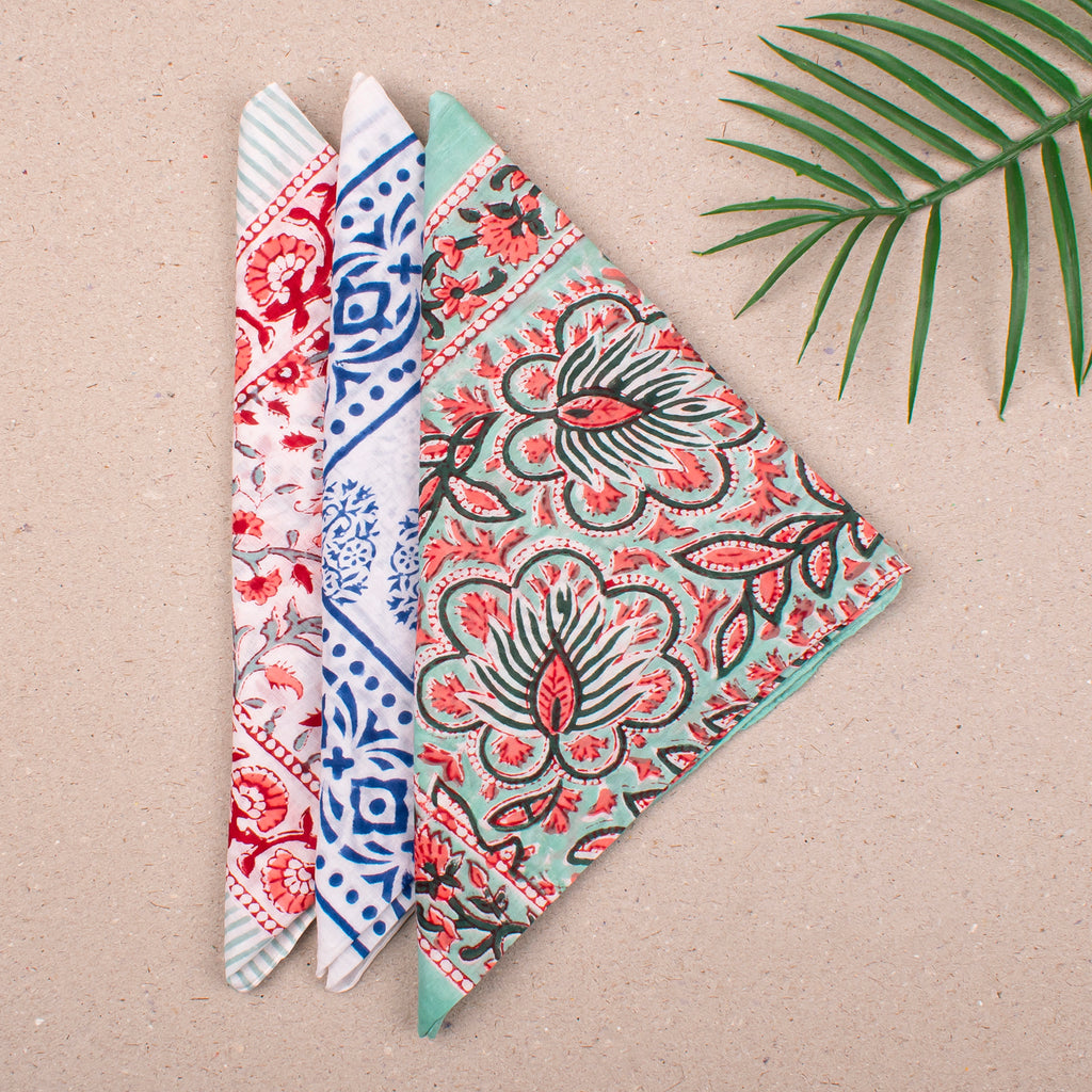 Handmade Boho Bandana Headwrap, Soft Cotton Scarf For Women, Reusable Block Print Neck Tie For Summer, Perfect Gift For Bikers - 3pcs